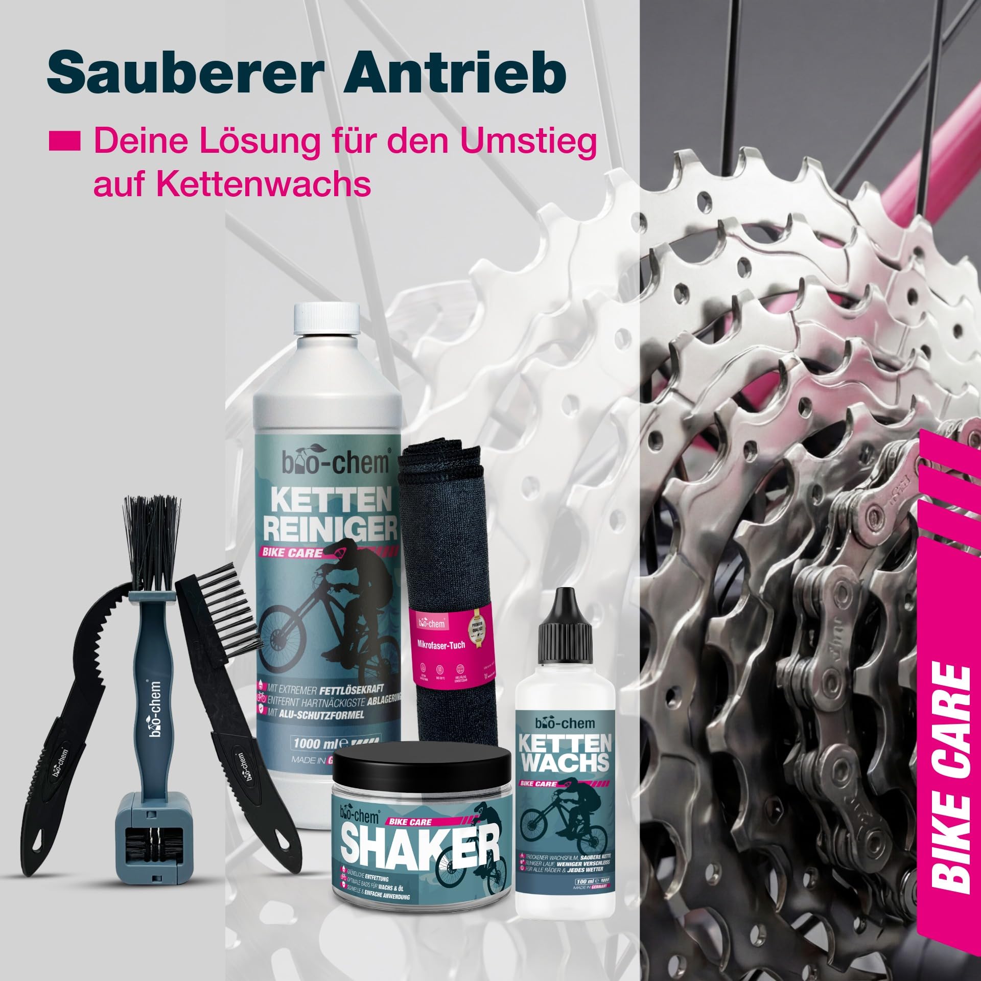 bio-chem Kettenwachs System Set 7-teilig für Fahrräder | Mit Kettenreiniger 1L, Kettenwachs 100ml, Shaker, Bürsten & Tuch für Rennrad, MTB & E-Bike