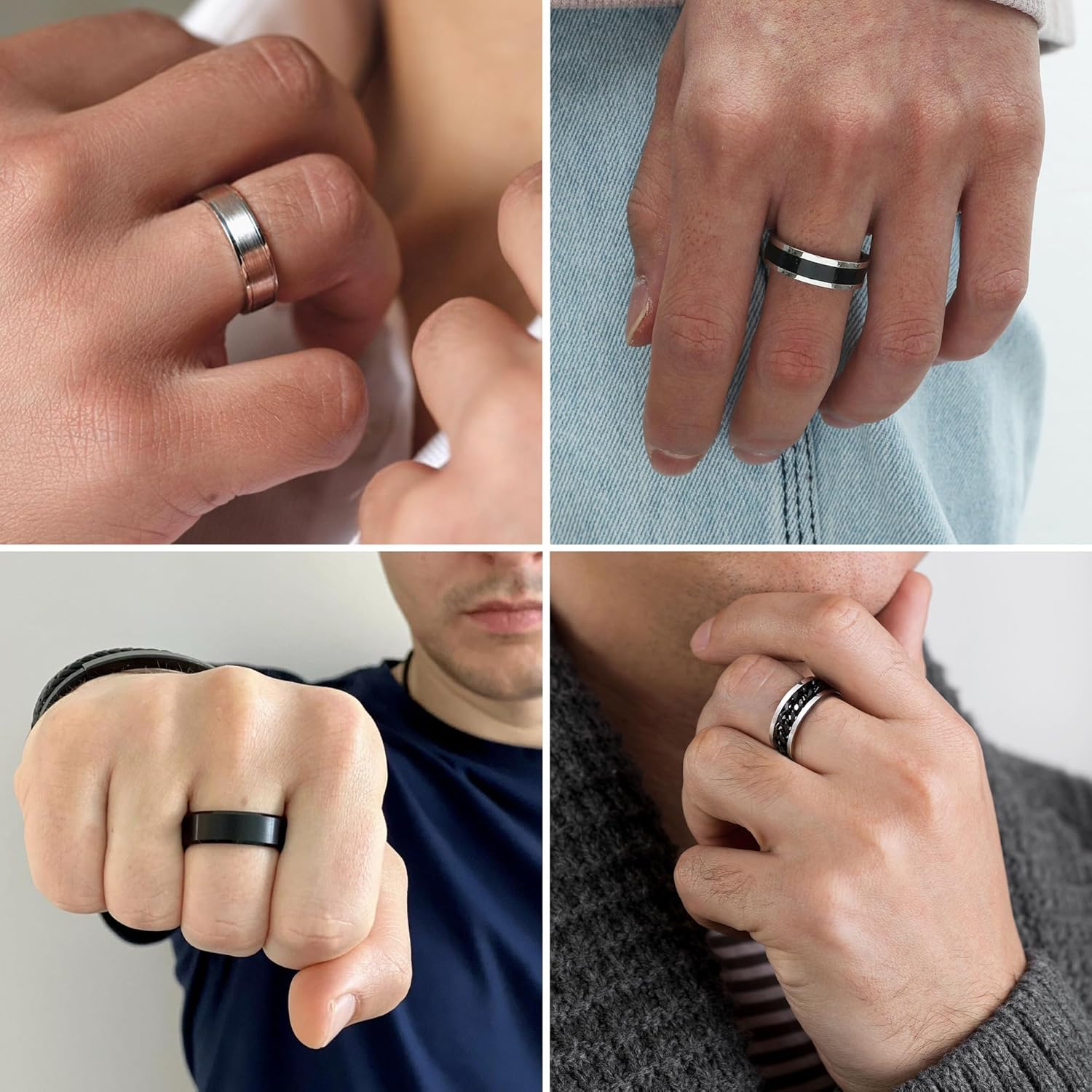 16Pcs Stainless Steel Band Rings for Men Women Stress Anxiety Relief Fidget Rings Black Cool Chain Spinner Rings Set for Wedding Promise Mens Rings Pack - Image 7