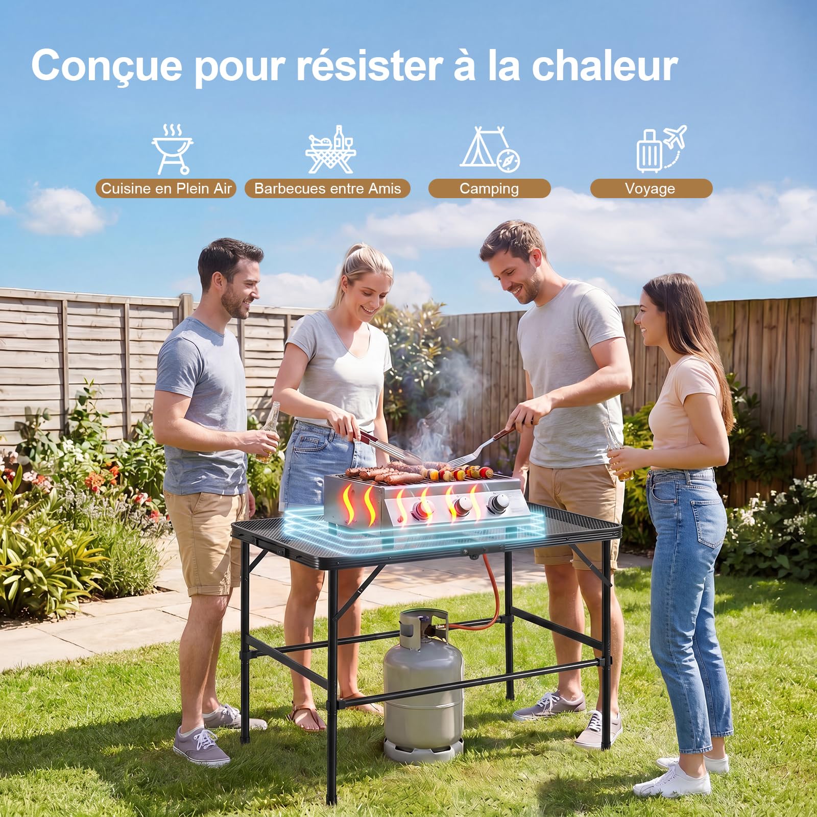 Table Pliante Extérieur 90x60 cm, Table pour Plancha Extérieur et Barbecue Pliable en Métal, Table Camping Légère 3,6 kg, Hauteur Réglable 40,5/65 cm, Charge 45 kg, pour Jardin Terrasse Camping