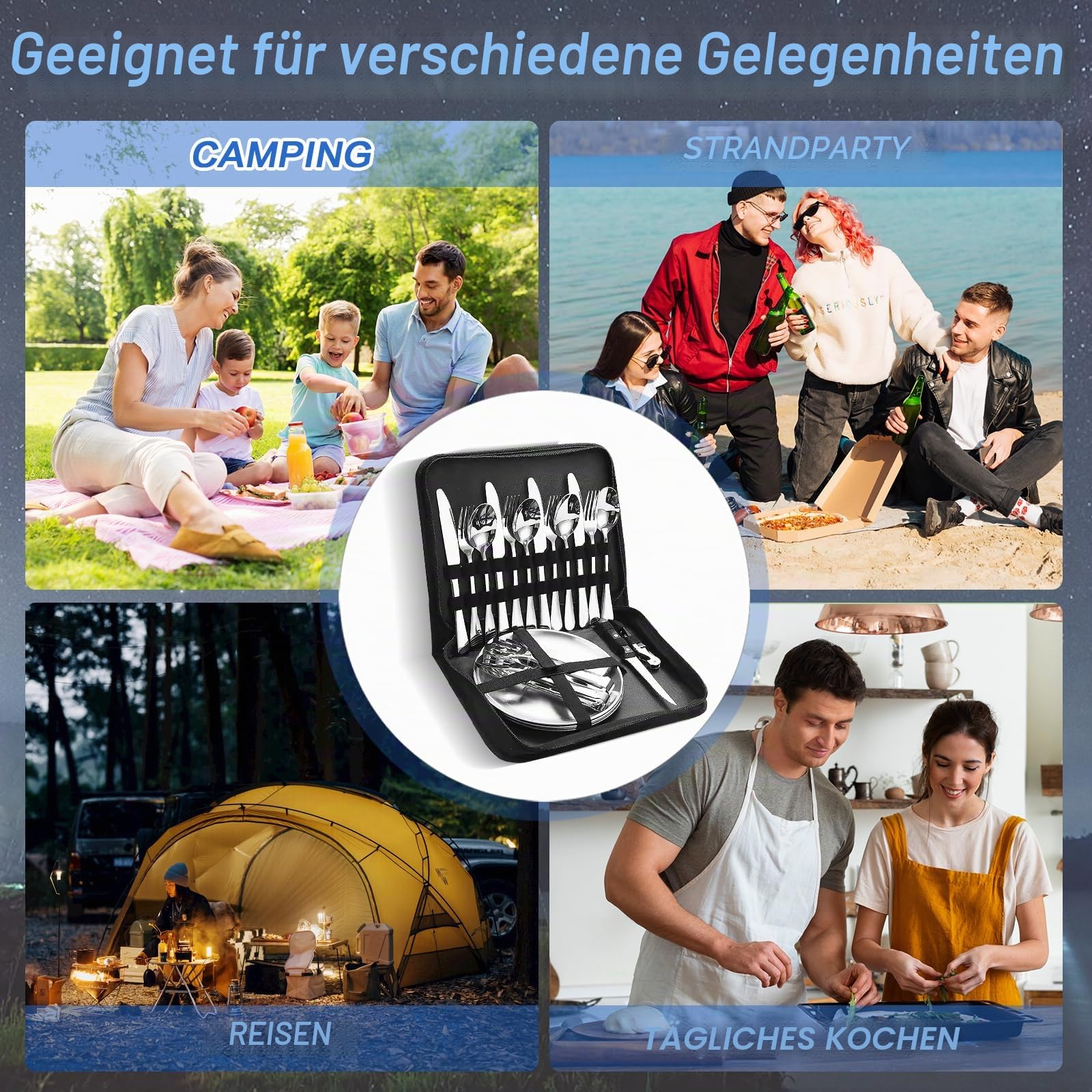 Camping Geschirr 2/4 Personen, 11/21PCS Camping Zubehör Camping Besteck Set Edelstahl Picknick Zubehör mit Flaschenöffner, Steakmesser, Löffel Gabel Messer Teller für Camping/Grillen/Wandern