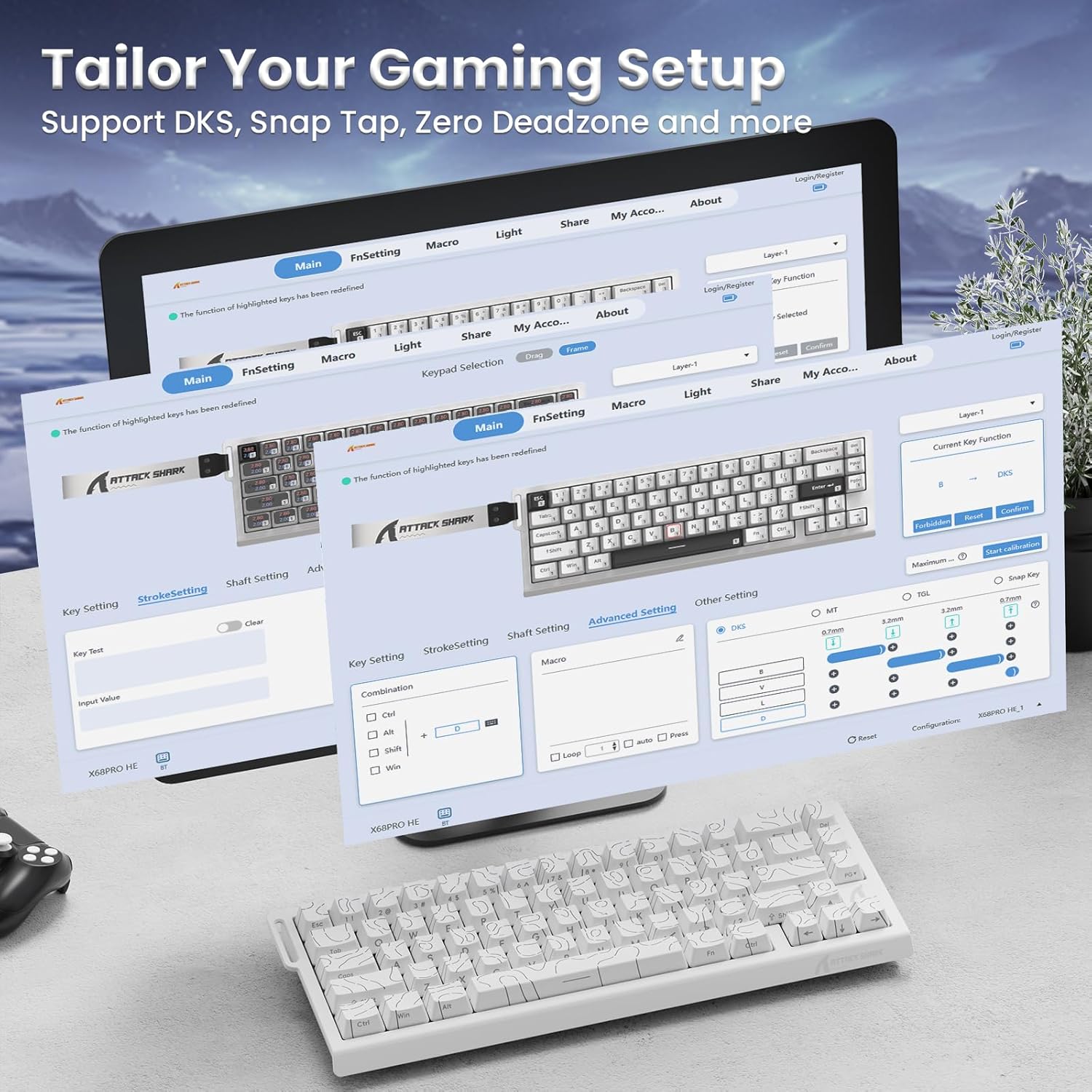 ATTACK SHARK X68PRO HE Rapid Trigger Wireless Keyboard, 0.01mm RT Accuracy 8000Hz Wired Gaming Keyboard, Adjustable Actuation, Snap Tap, RGB Backlit, Magnetic Switch, C01 Coiled Cable -White