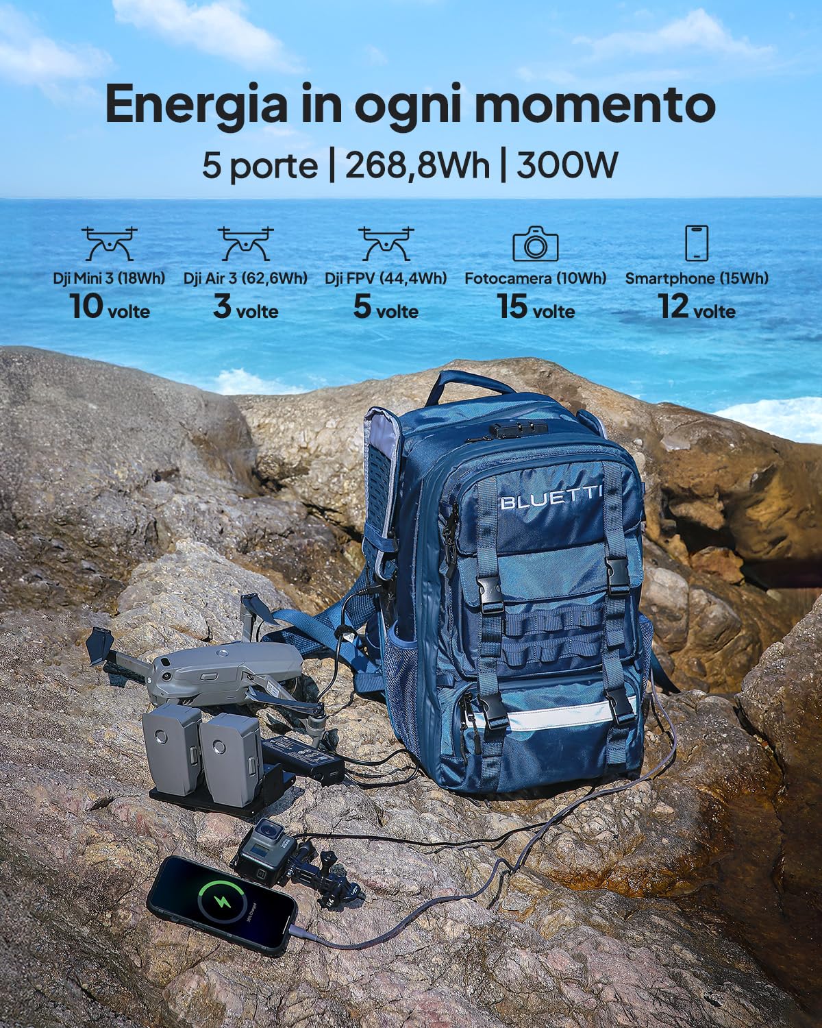 BLUETTI Handsfree 1 Centrale Elettrica a Zaino con 60W Pannello Solare, 268,8Wh 300W Batteria LFP con 42L Zaino, Tutto in Uno Sistema di Energia Solare per Campeggio, Fotografia,Viaggio