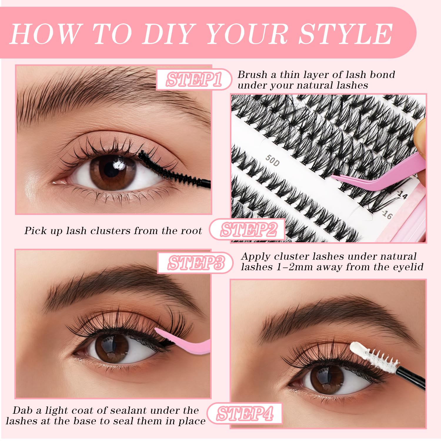 Ciglia Finte Ciuffetti,580 Pezzi Kit Extension Ciglia,30-40-50-60-80-100D Lash Cluster,Ciuffetti Ciglia Finte Kit per Ragazze e Donne Principianti (8-16mm Mix)