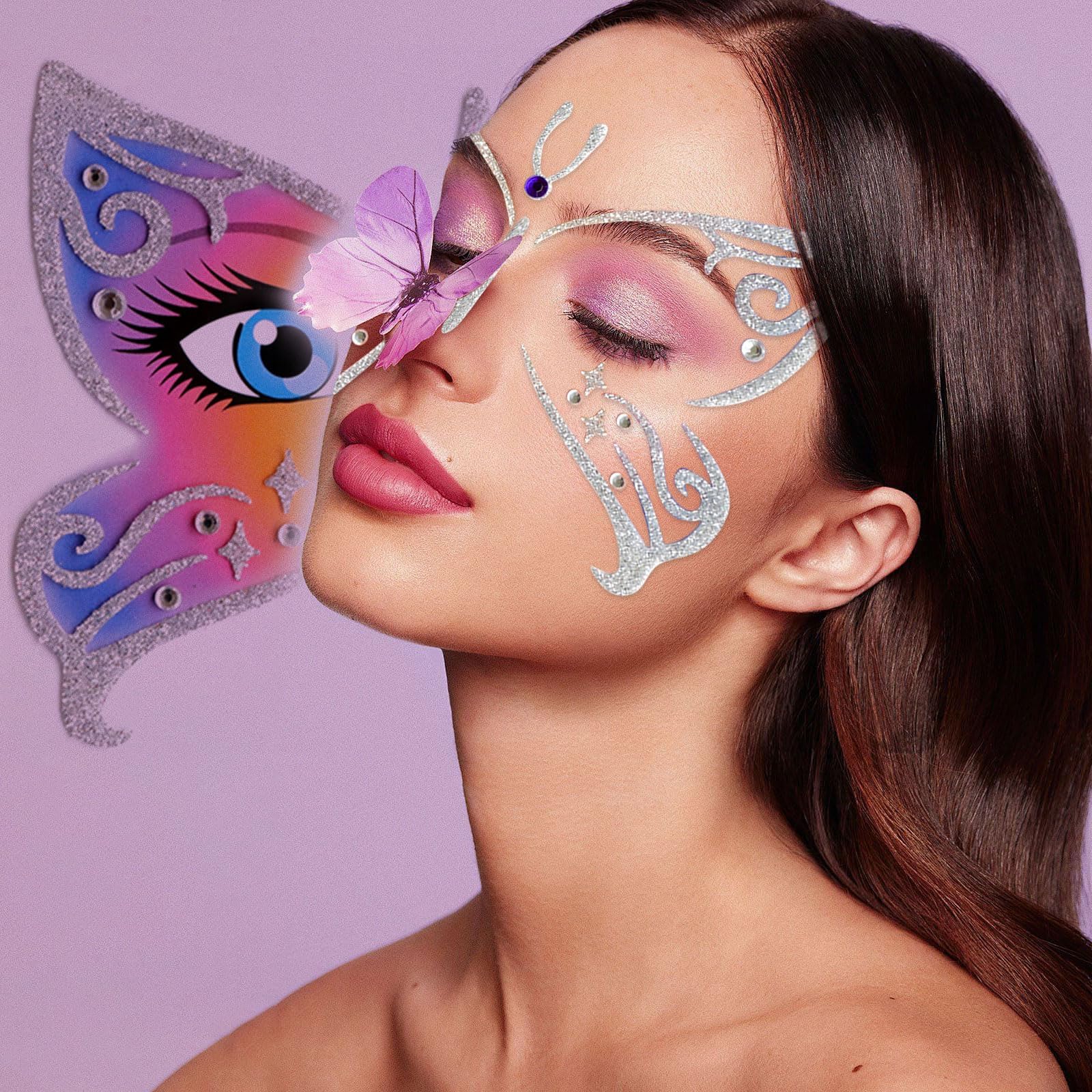 EUPSIIU 5 Pièces Tatouages Temporaires Visage Animaux – Léopard, Chat, Papillon, Girafe, Tigre – Pierres Scintillantes Pour Halloween, Carnaval, Fêtes