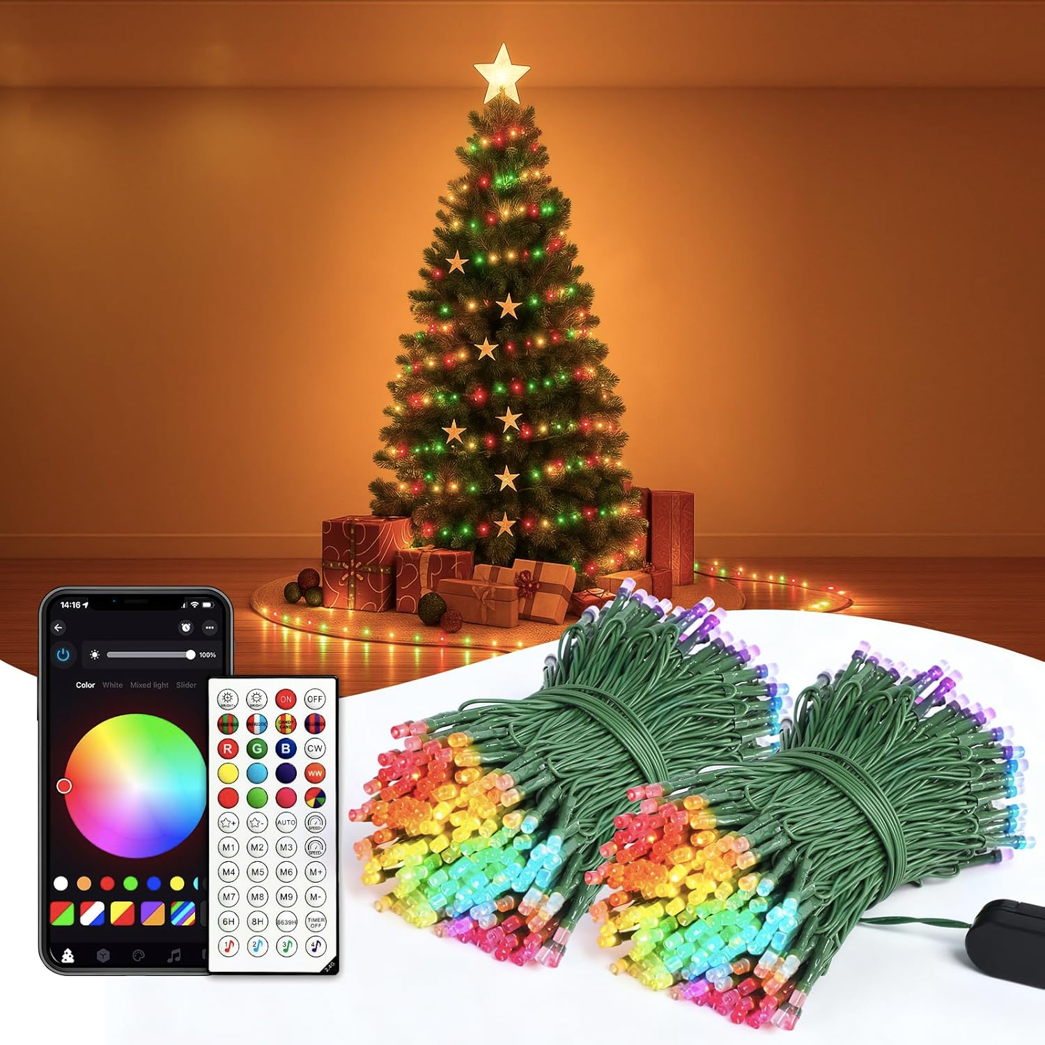 Guirnalda de 300 luces LED de Navidad de 98 pies, luces inteligentes RGB+IC, luz parpadeante que cambia de color para interiores, aplicación y