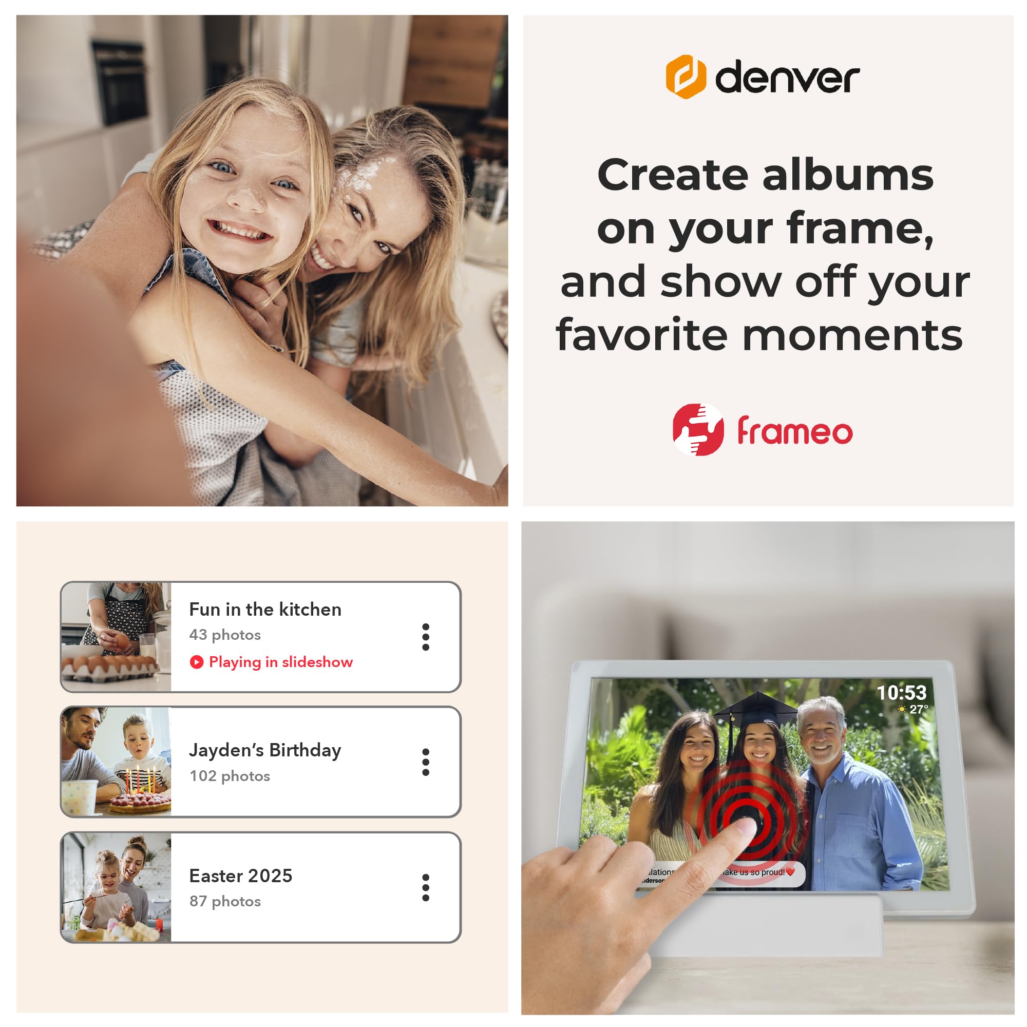 Denver PFF-1070W | cyfrowa ramka na zdjęcia Wi-Fi 10,1" z akumulatorem | ekran dotykowy HD IPS | aplikacja FRAMEO i pamięć 16 GB | biała