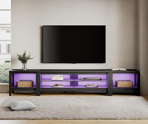 WAMPAT Soporte de TV para televisores de hasta 100 pulgadas con 16 luces LED intercambiables, centro de entretenimiento de madera para mesa consola