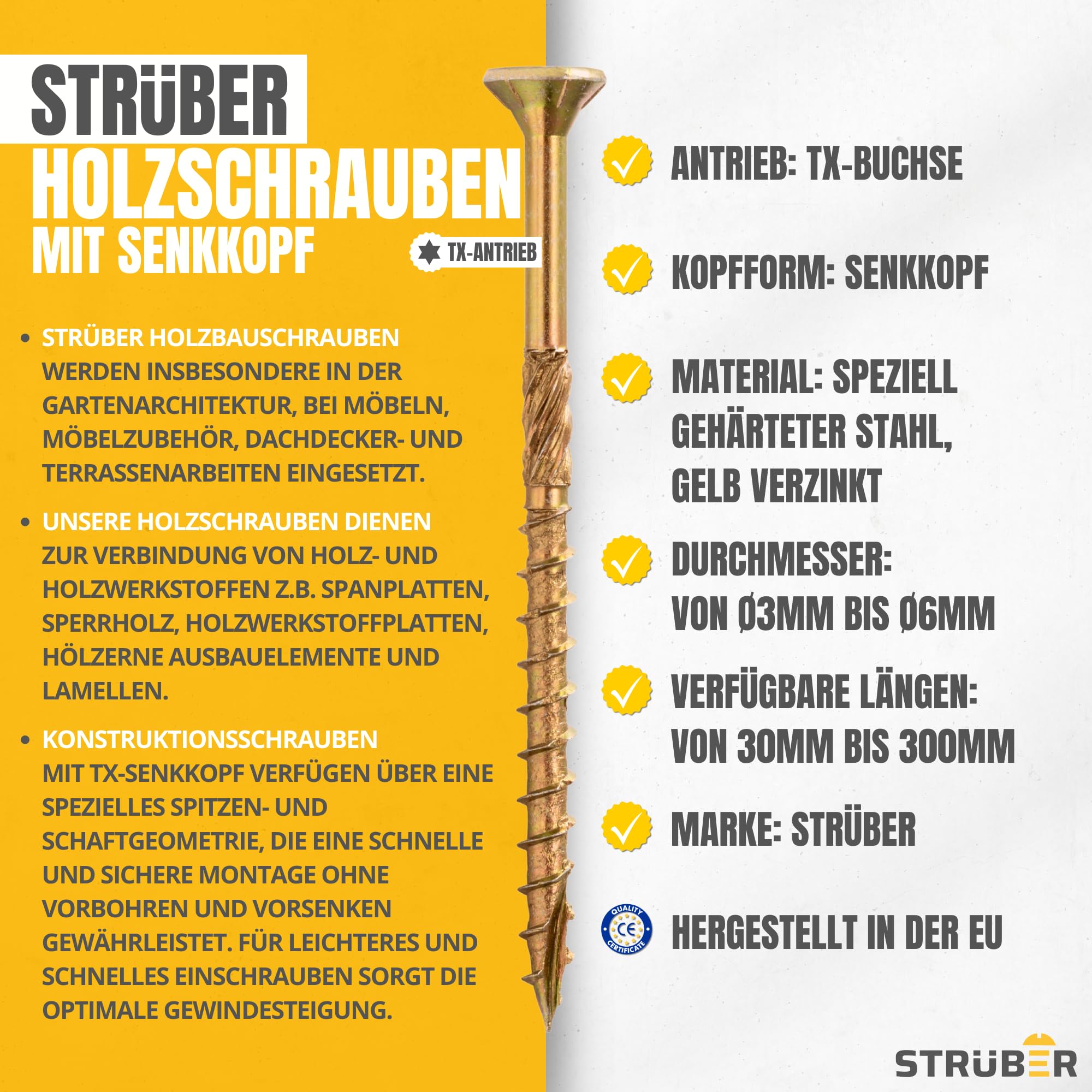 STRÜBER Viti per legno a testa svasata Torx 4x60 mm 200 pezzi Acciaio zincato giallo