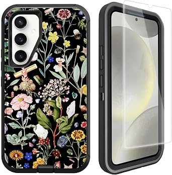 Compatible for Samsung Galaxy S25 Samsung Galaxy S24 Case with Screen Protector [[Military Grade Protection] ] Cute Floral Design Heavy Duty Shockproof Case for Girls Women, Black Flowers