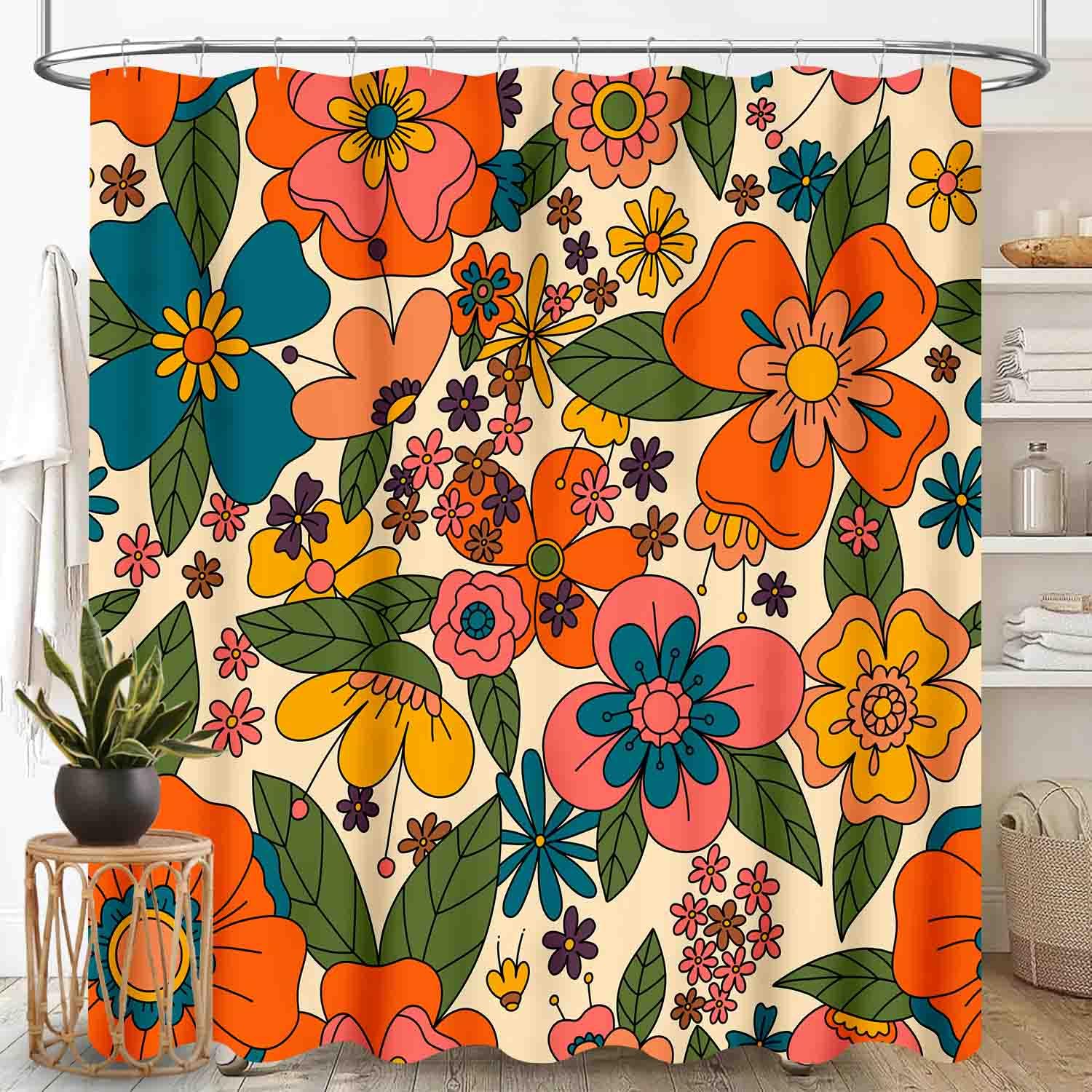 TKUYO Hippie Floral Shower Curtain, Retro 70s Vintage Orange Daisy Groovy Cute Flower Aesthetic Boho Funky Trippy Colorful Waterproof Fabric Bath