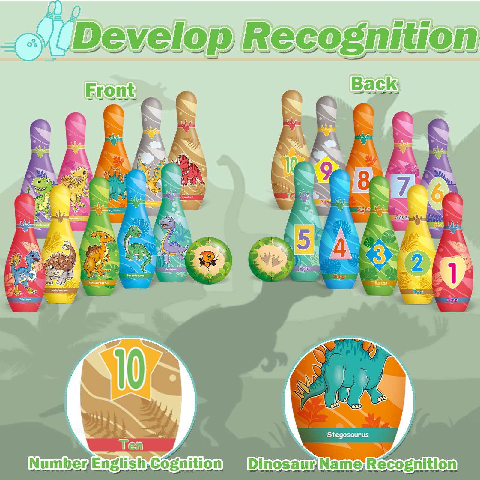 STAY GENT Dinosaure Jeu de Quille avec 10 Quilles et 2 Boules Souples, Jeux de Quilles Balle en Mousse Bowling Enfants pour Intérieur Extérieur Cadeaux pour 2 3 4 5 6 Ans Enfants Anniversaires Noël