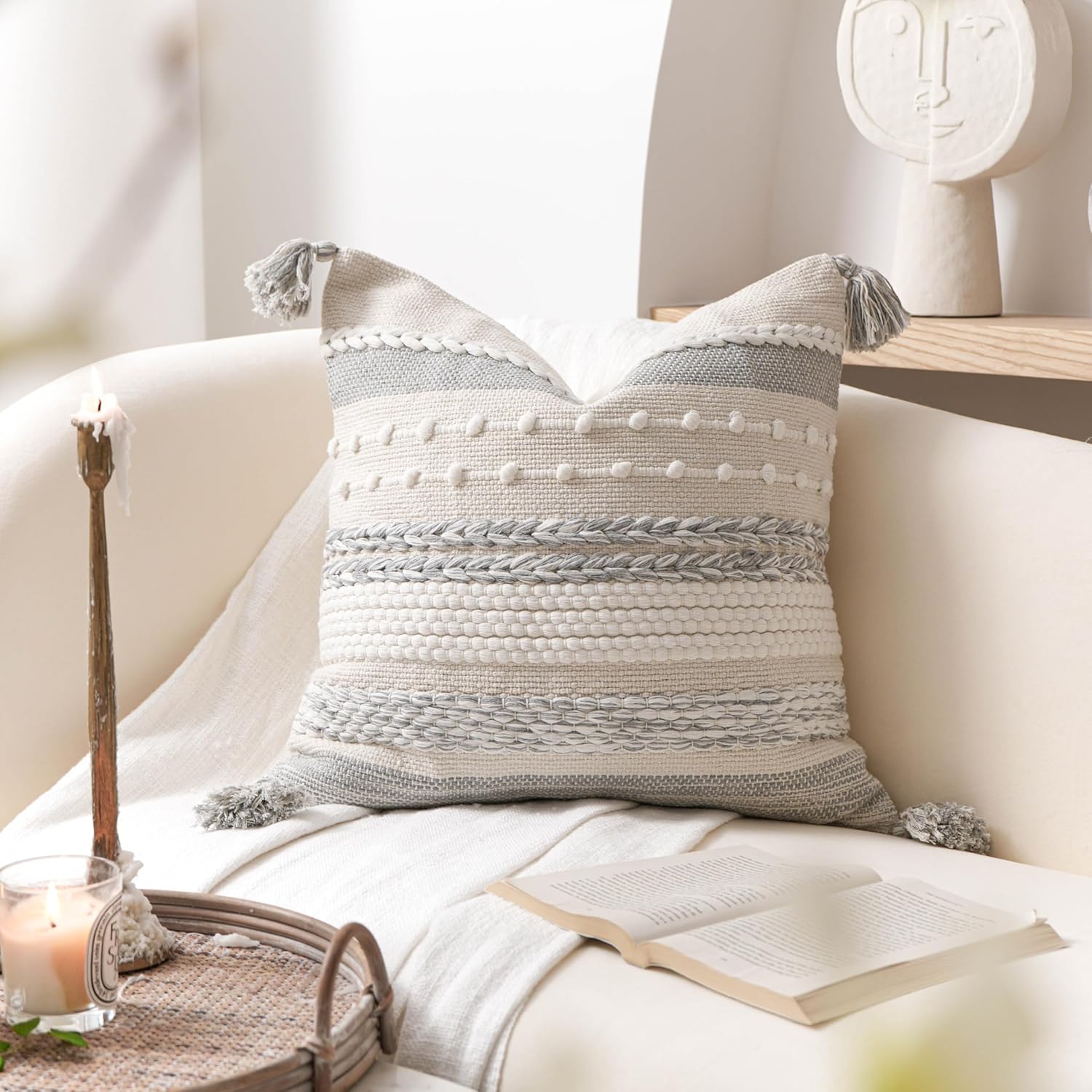 BlissBlush Gray Boho Decorative Throw Pillow Cover 20x20 Square Farmhouse Accent Cushion for Couch Sofa Livingroom Bedroom Pillowcase Modern Home Décor (Pack of 1) - Image 5