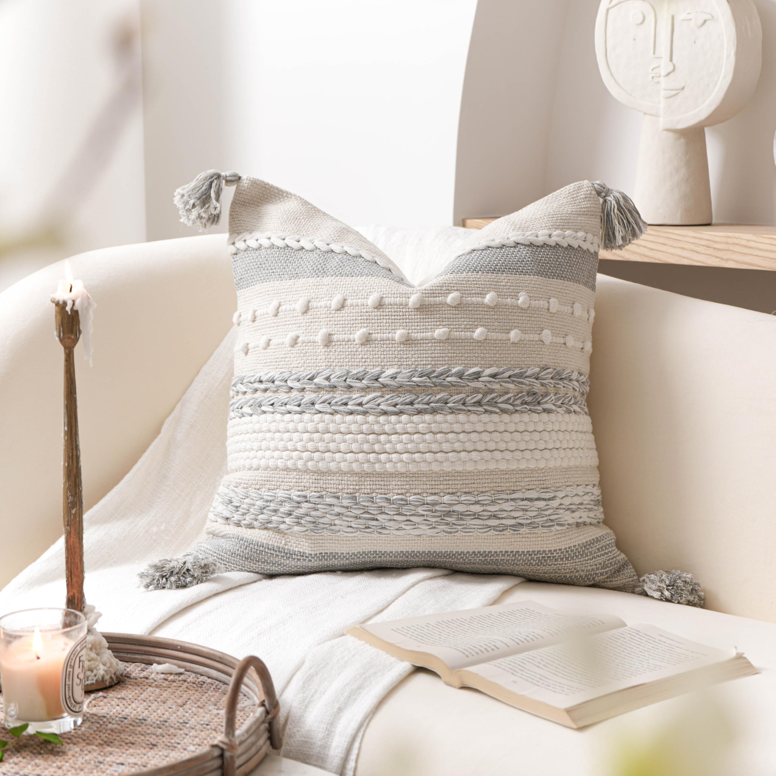 BlissBlush Boho-Kissenbezug, dekorativ, quadratisch, Landhaus-Akzentkissen für Couch, Sofa, Wohnzimmer, Schlafzimmer, modernes Heimdekor, 45,7 x 45,7 cm, Grau, 1 Stück