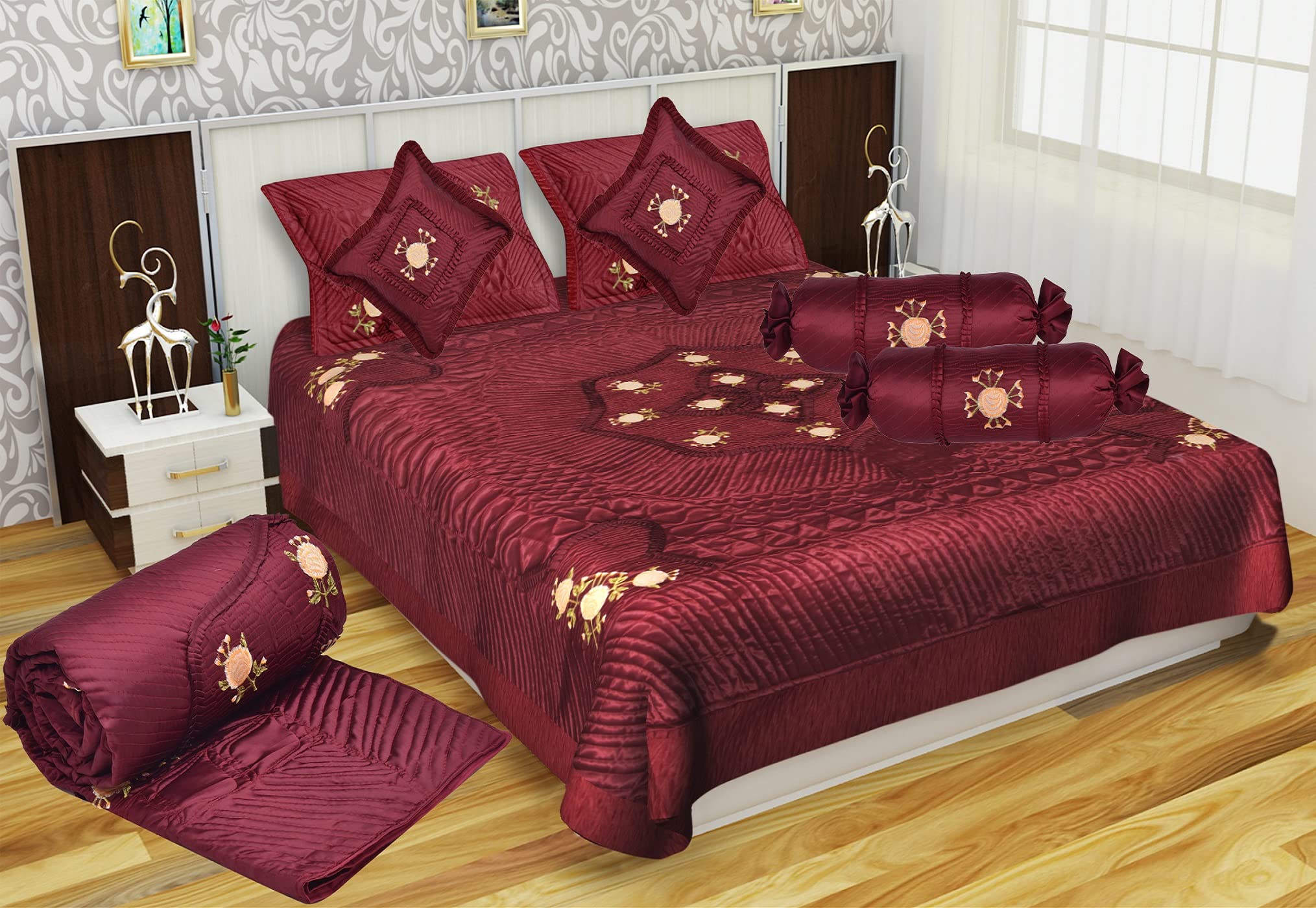 Ganakshi 400 TC Luxury Gold Printed Quilted Microfiber King Size Satin Wedding Bedding Bedsheet Set (Set of 8 Piece, Maroon RedRose) (B09VCHZ5G5) Amazon Price History, Amazon Price Tracker