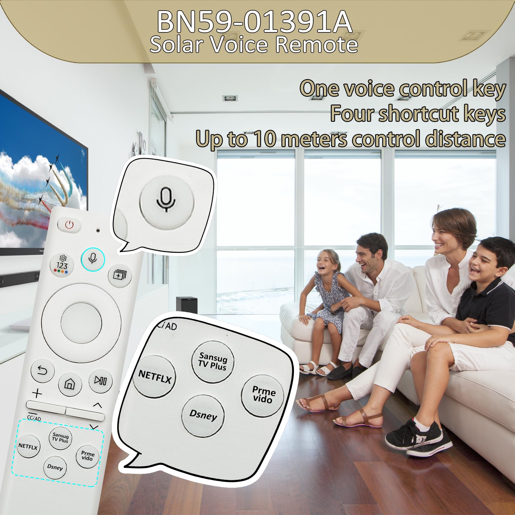 BN59-01391A - Mando a distancia solar de voz compatible con televisores Samsung 2021 2022 2023 Neo LED Smart 4K Ultra HD, repuesto para Samsung Frame TV con voz, 4 botones de acceso directo, color