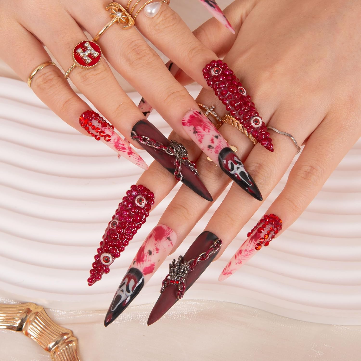 LOVFUL Press on Nails YOU ARE NEXT | Handmade with Full Covered Crystals | Reusable Full Cover Nails | Stiletto Long 2.2 in | H134-M