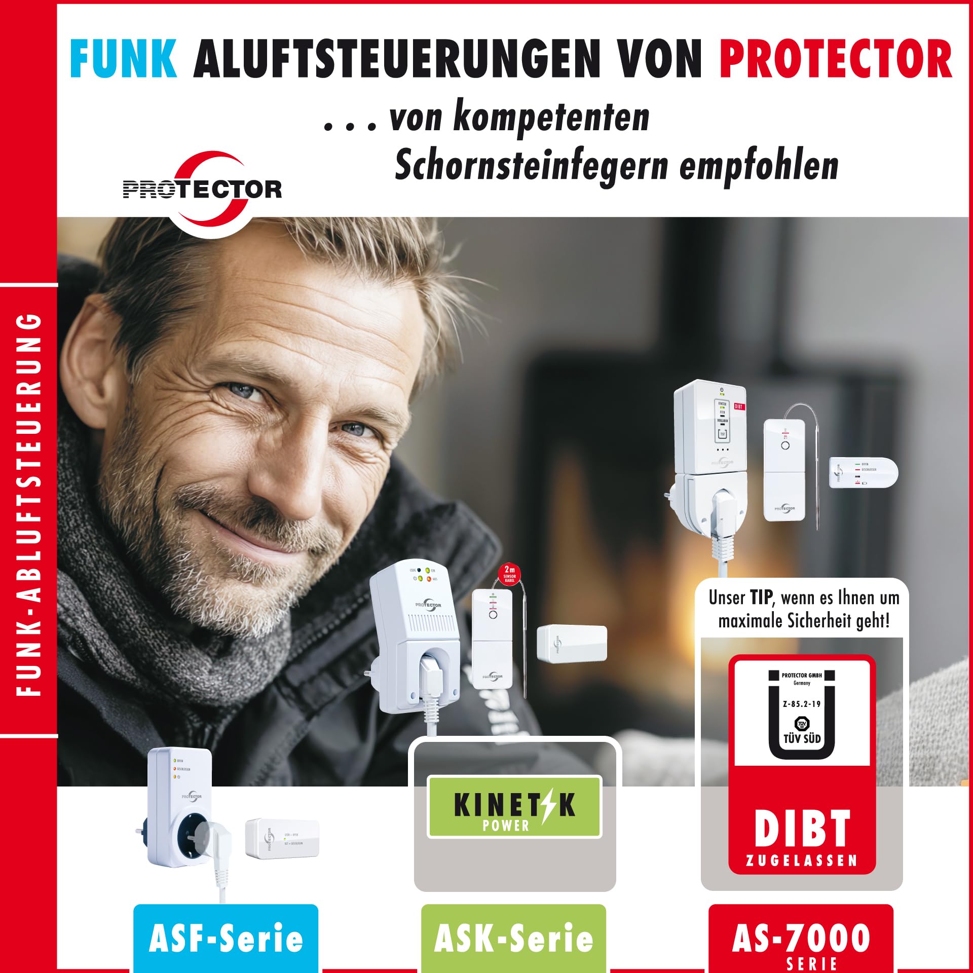 PROTECTOR Funk-Abluftsteuerung ASF-510 für Dunstabzugshauben – Mit neuem patentierten Fensterkontaktschalter ohne Magnet für mehr Sicherheit – Kabellose Installation – Fensterkontaktsensor