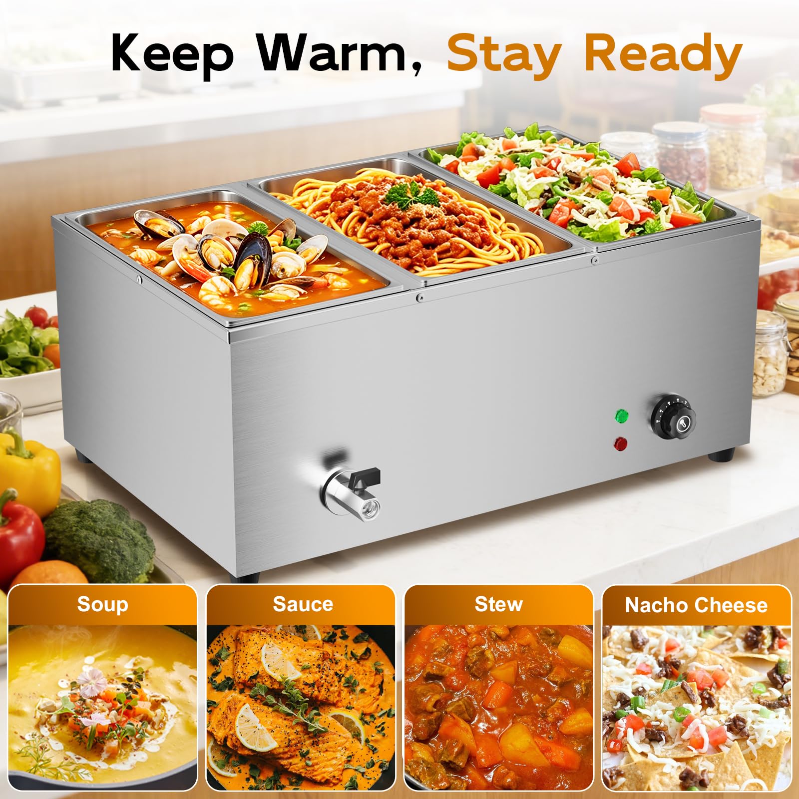 TAIMIKO Bain Marie électrique en Acier Inoxydable 220V Chauffe-Plats Professionnel Commercial avec 3 Bacs Casseroles avec Robinet de vidange Contrôle de la température