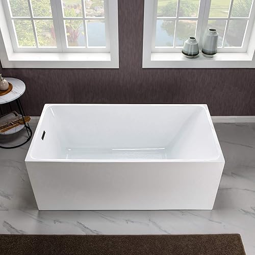 Vista 51 de WOODBRIDGE Bañera de acrílico independiente de 67 pulgadas, bañera blanca de remojo contemporáneo con desbordamiento y drenaje negro mate, Mate