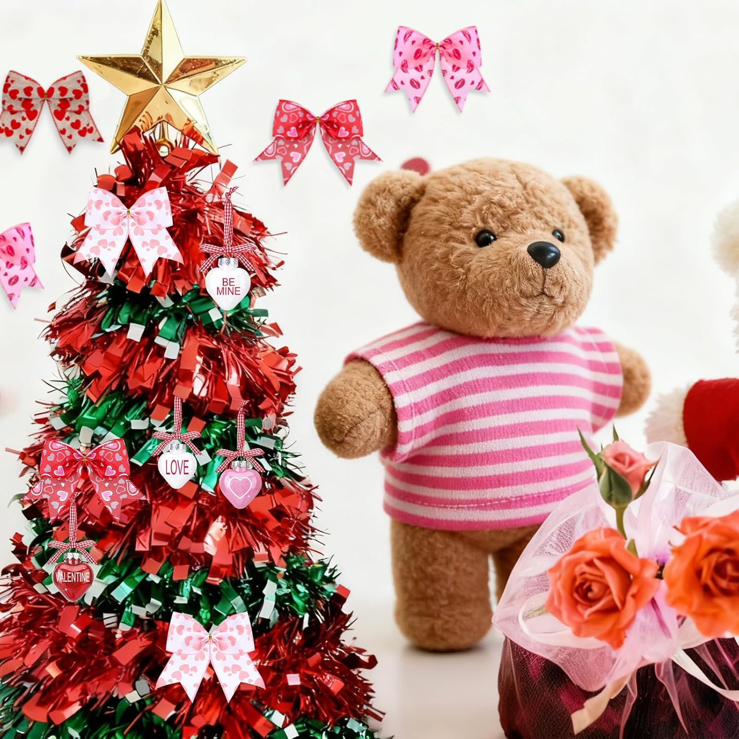 Ovveroche Valentines Day Tree Decorations Set, 12 Heart Glitter Words Ball Ornaments 12 Valentines Tree Bows Decorations for Home Party Front Door Wedding Holiday Decor Red Pink