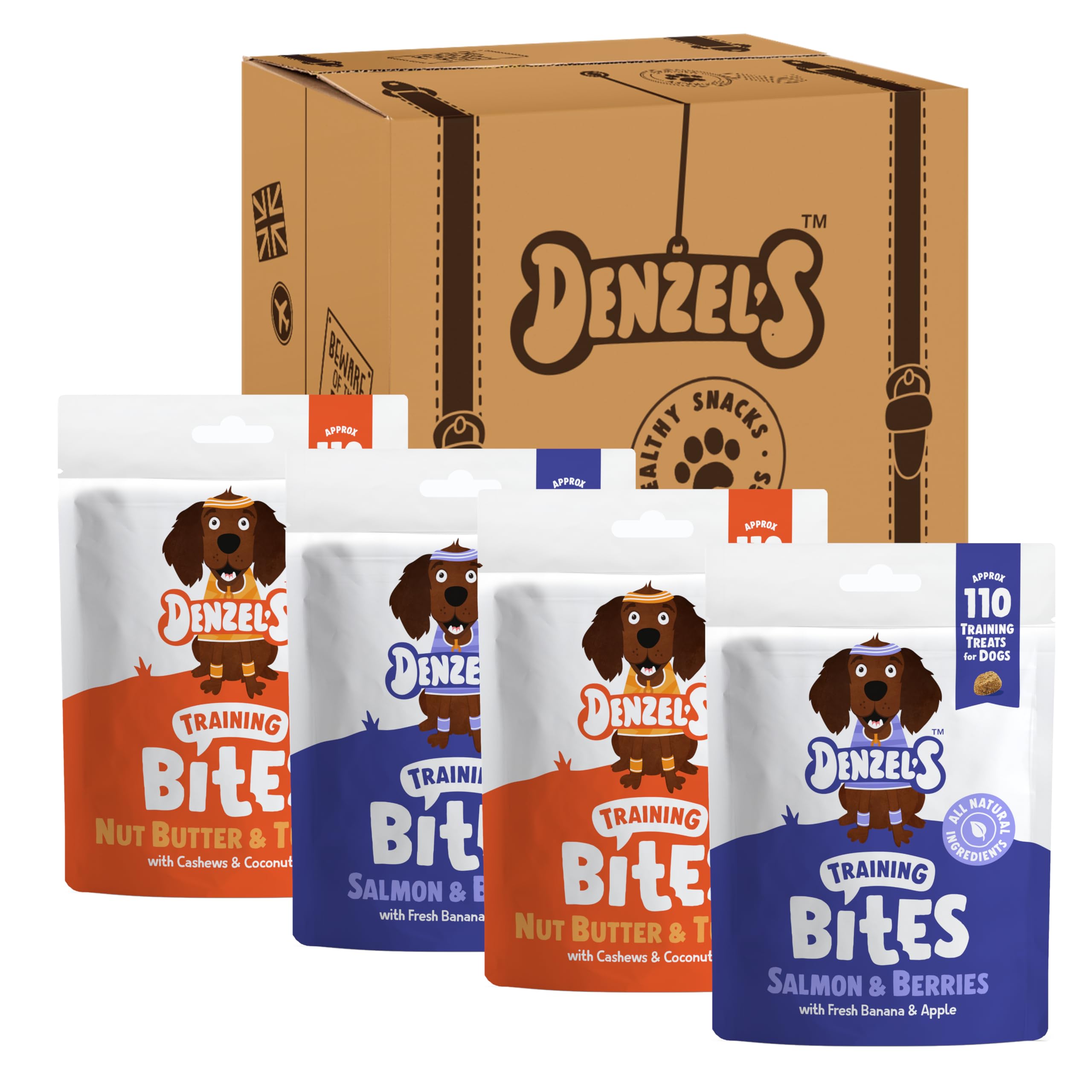 Denzel's Bites, Natural Dog Treats - Soft Baked Dog Training Treats - Variety Pack of Nut Butter & Superfood Bites - Mix of Healthy Dog Treats,100 g (Pack of 4)