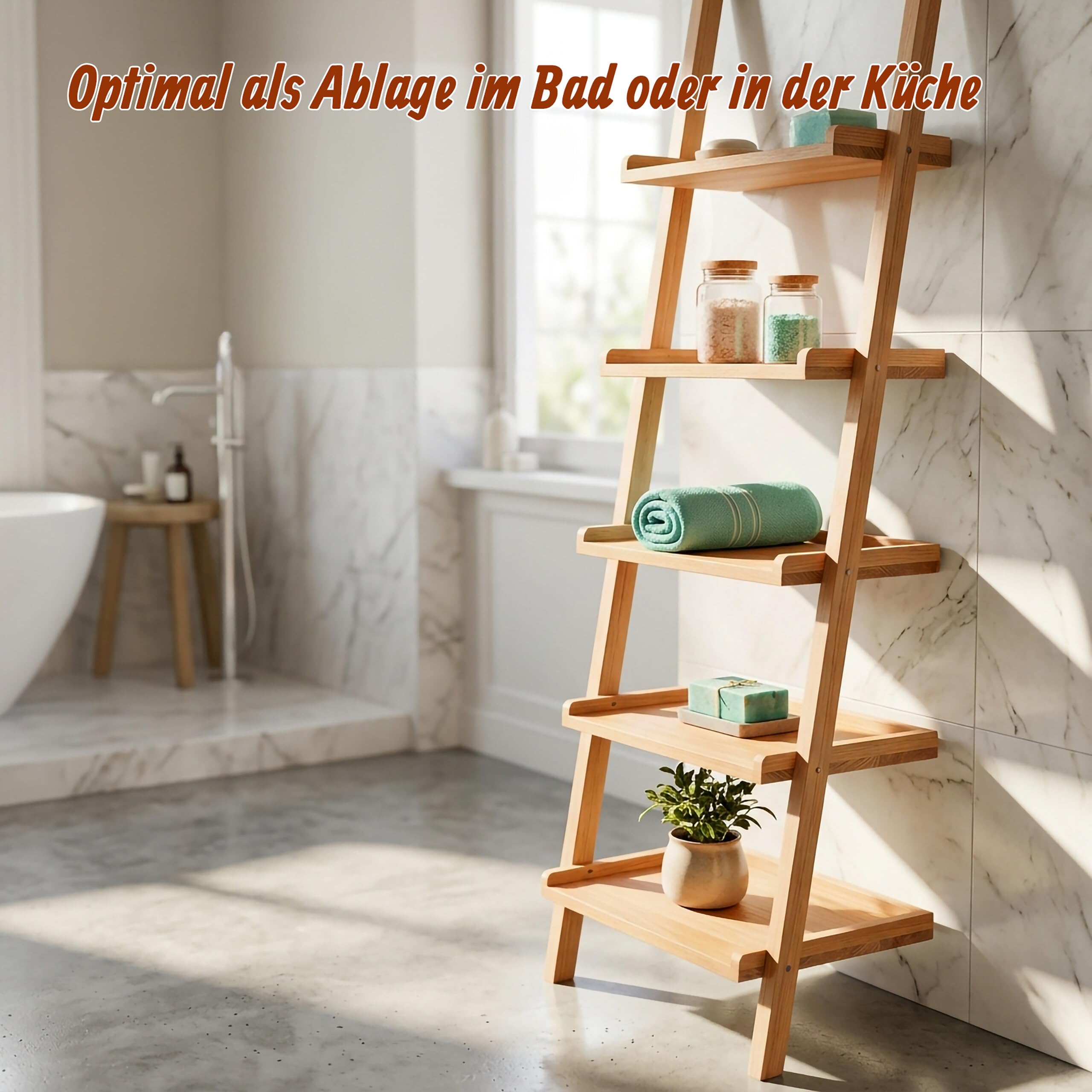 Relaxdays Leiterregal Walnussholz, 5 Etagen, Bad, Küche, Wohnzimmer, Standregal zum Anlehnen, HBT: 189x56x33 cm, Natur