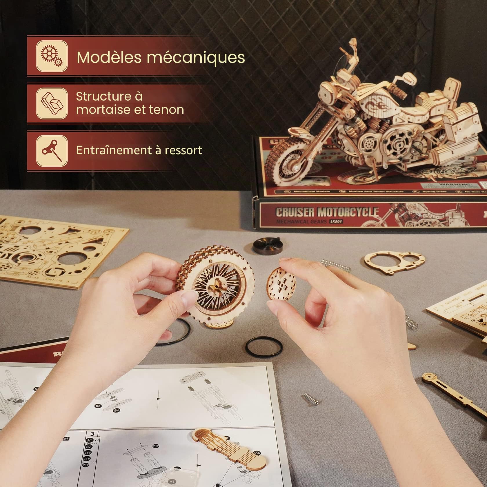 ROKR Maquette Bois Puzzle Bois 3D Engrenages Mécaniques Moto Cruiser Adulte Construction Adulte, Cruiser Motorcycle