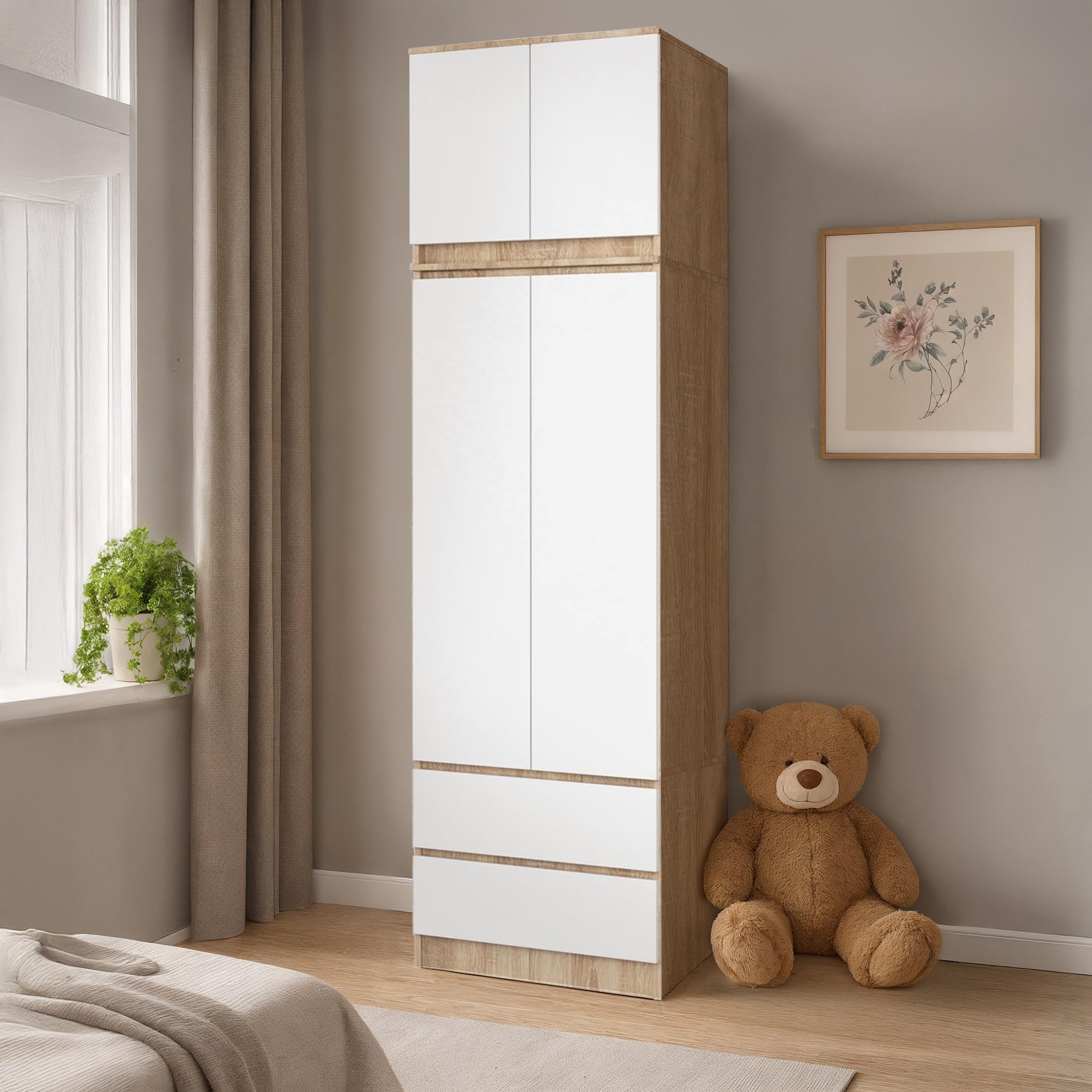 AKORD | Armadio con Estensione | Armadio con Ripiani, e Appendiabiti e Cassetti | 234 cm di Altezza | Mobiletto Cameretta Camera da Letto | Mobili soggiorno | Guardaroba |Rovere Sonoma | Bianco