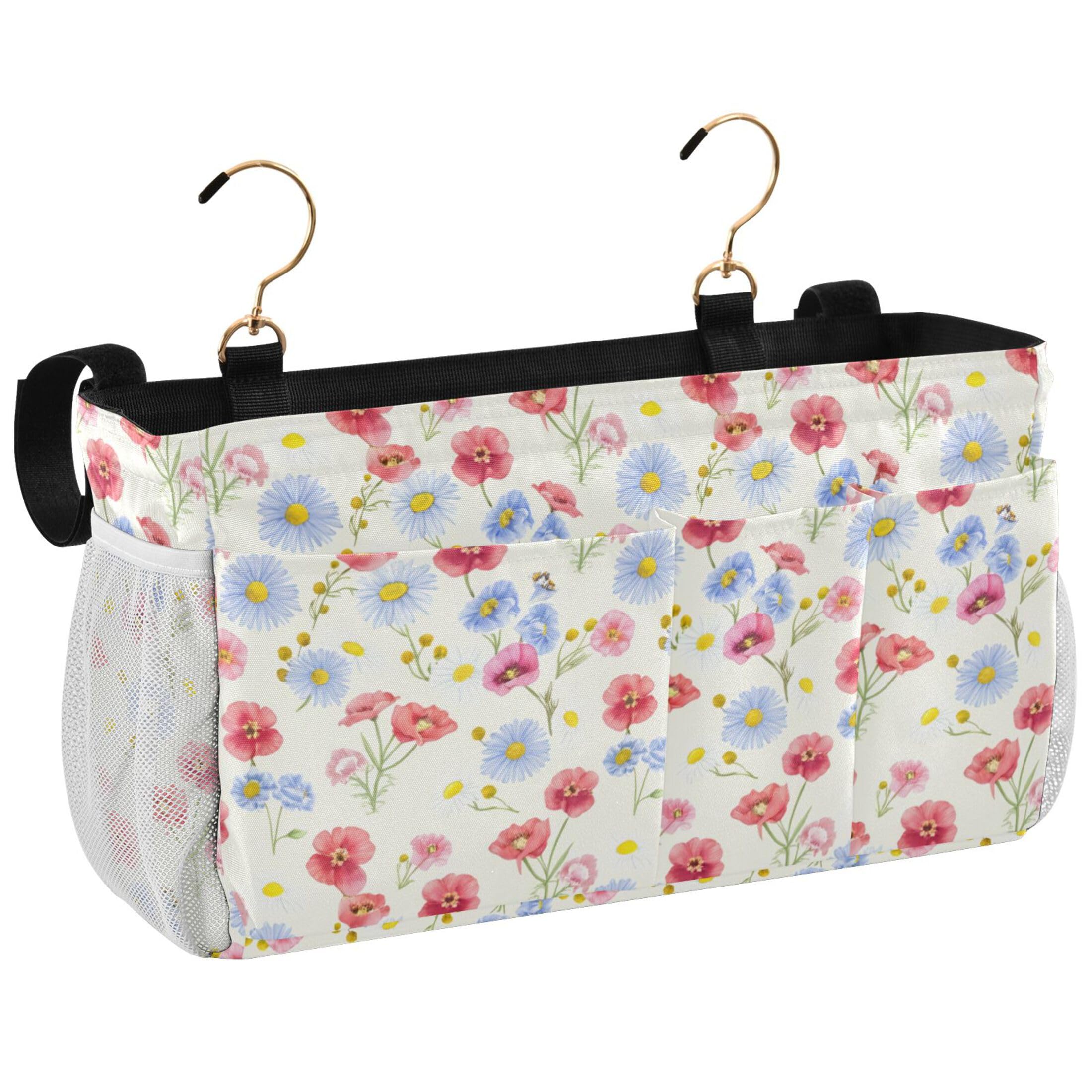 Burbuja Colored Flowers Bedside Caddy Hanging Storage Organizer with 2 Straps and Hooks for Home College Dorm Bunk Bed Hospital Bed Crib
