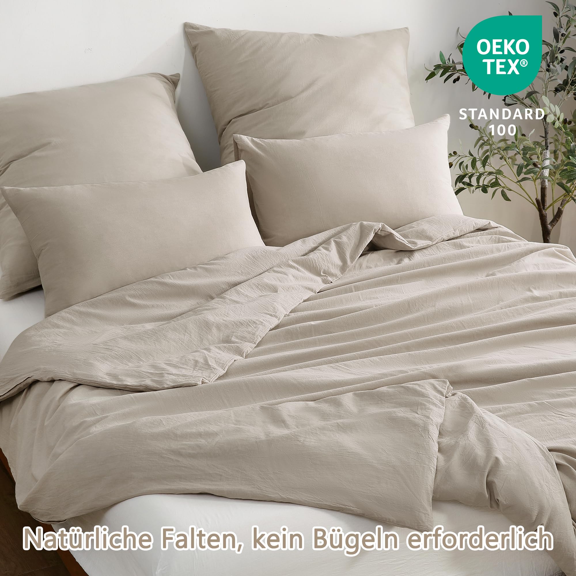 ATsense Set di biancheria da letto 135 x 200 cm, in cotone, 4 pezzi, con manico in lino, traspirante, 2 copripiumini e 2 federe 80 x 80 cm