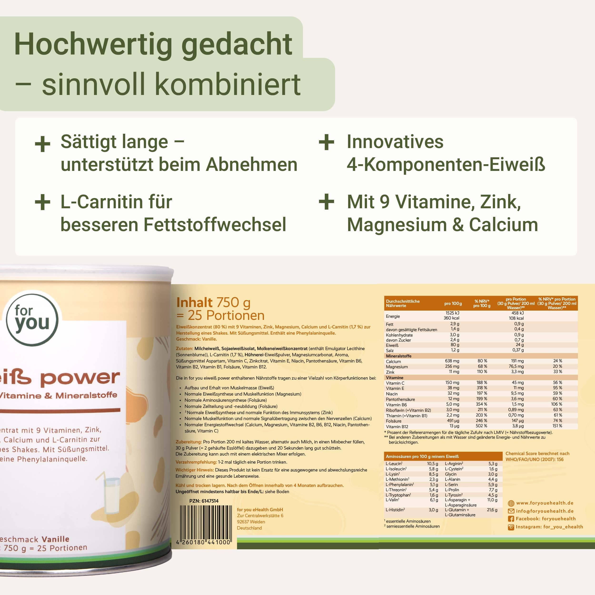 for you Power Eiweiß Vanille 750 g – Mehrkomponenten Eiweißpulver nach Dr. Strunz mit L-Carnitin | Protein Pulver aus Molke, Soja, Milch & Ei | Sehr gut löslich