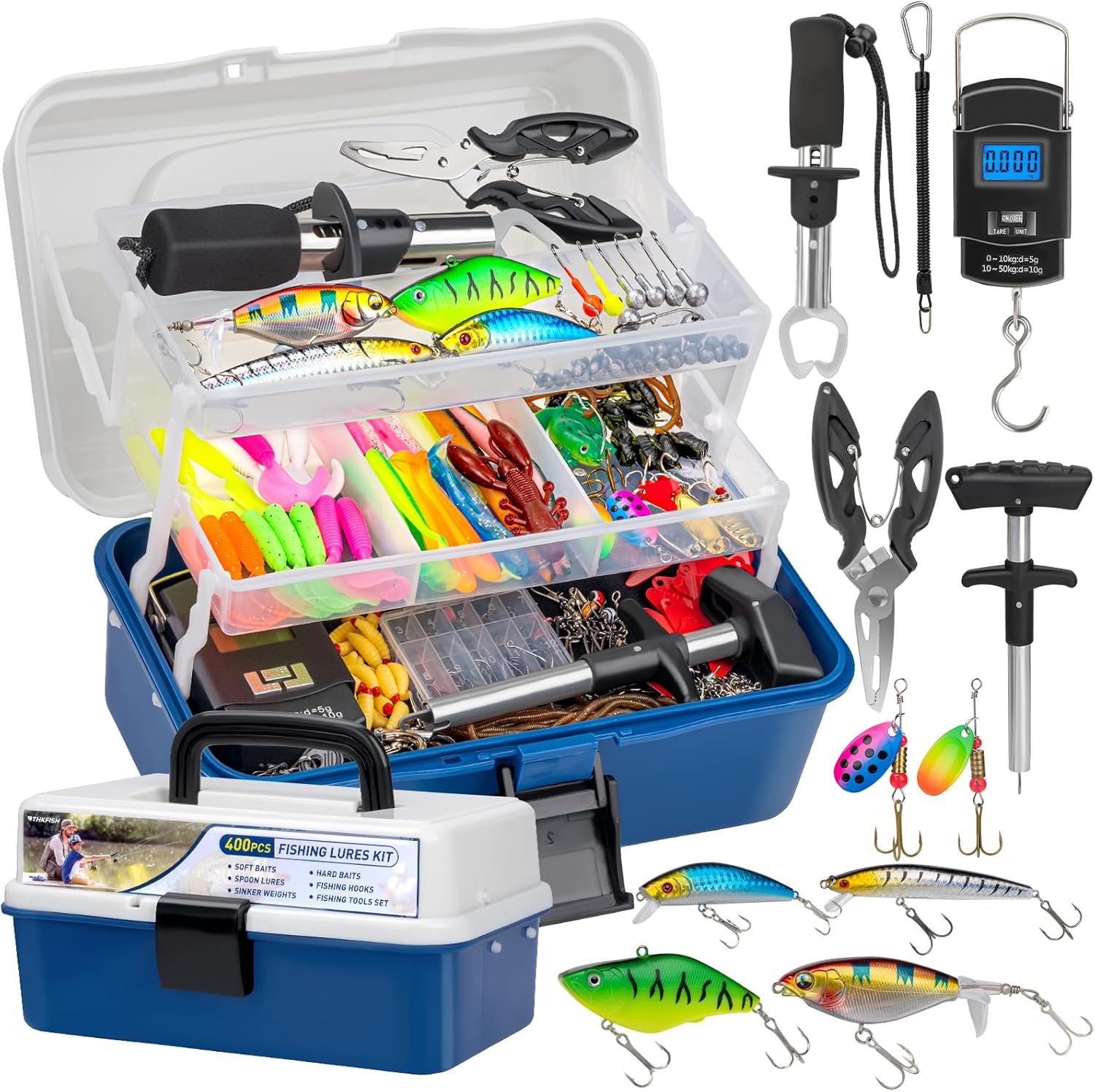 THKFISH 400PCS Fishing Lures Accessories Kit with Large 3-Layer Tackle Box Complete Freshwater Bass Fishing Gear Tools Set with Pliers, Fish Scale, Crankbait, Hooks, Weights Sinkers, Gift for Men
