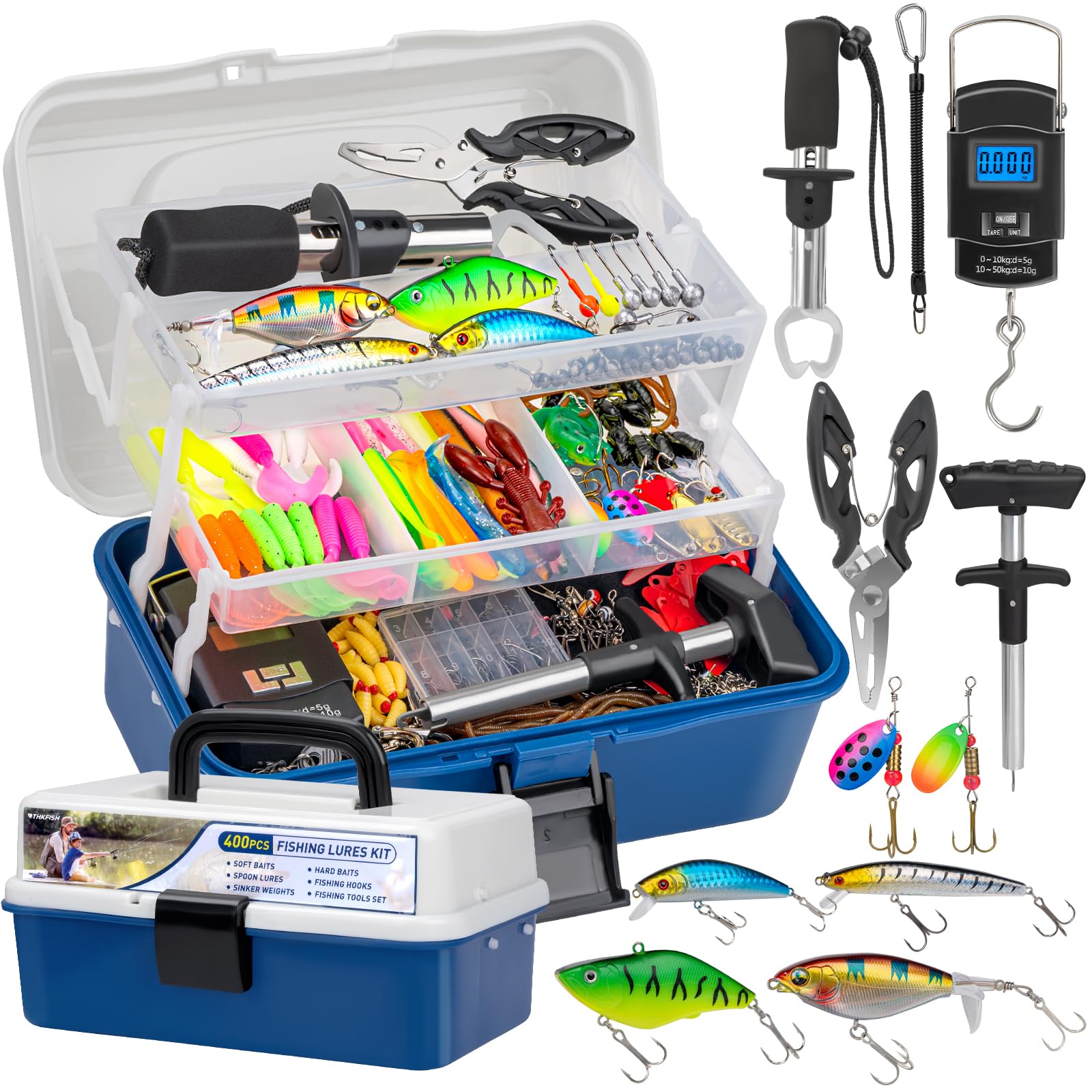 THKFISH 400PCS Fishing Lures Accessories Kit with Large 3-Layer Tackle Box Complete Freshwater Bass Fishing Gear Tools Set with Pliers, Fish Scale, Crankbait, Hooks, Weights Gift for Men : Sports &