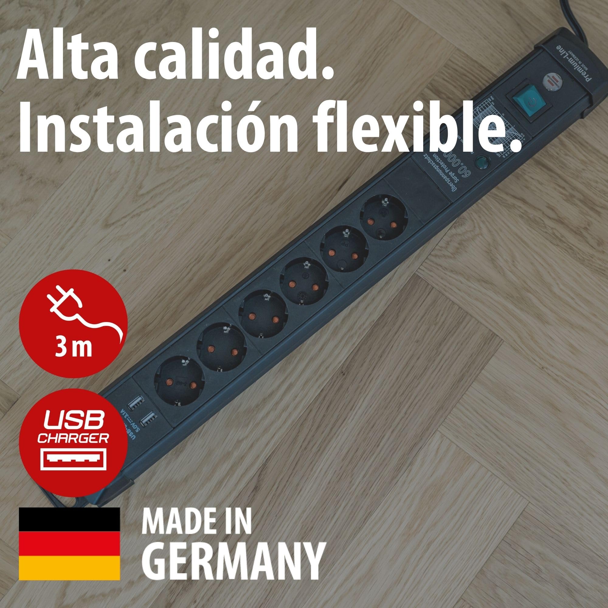 Brennenstuhl Premium-Line regleta enchufes de 6 Tomas con protección contra sobretensiones hasta 60.000A (Cable de 3m, 2X Cargador USB 3.10A, montable, Fabricado en Alemania) Negro
