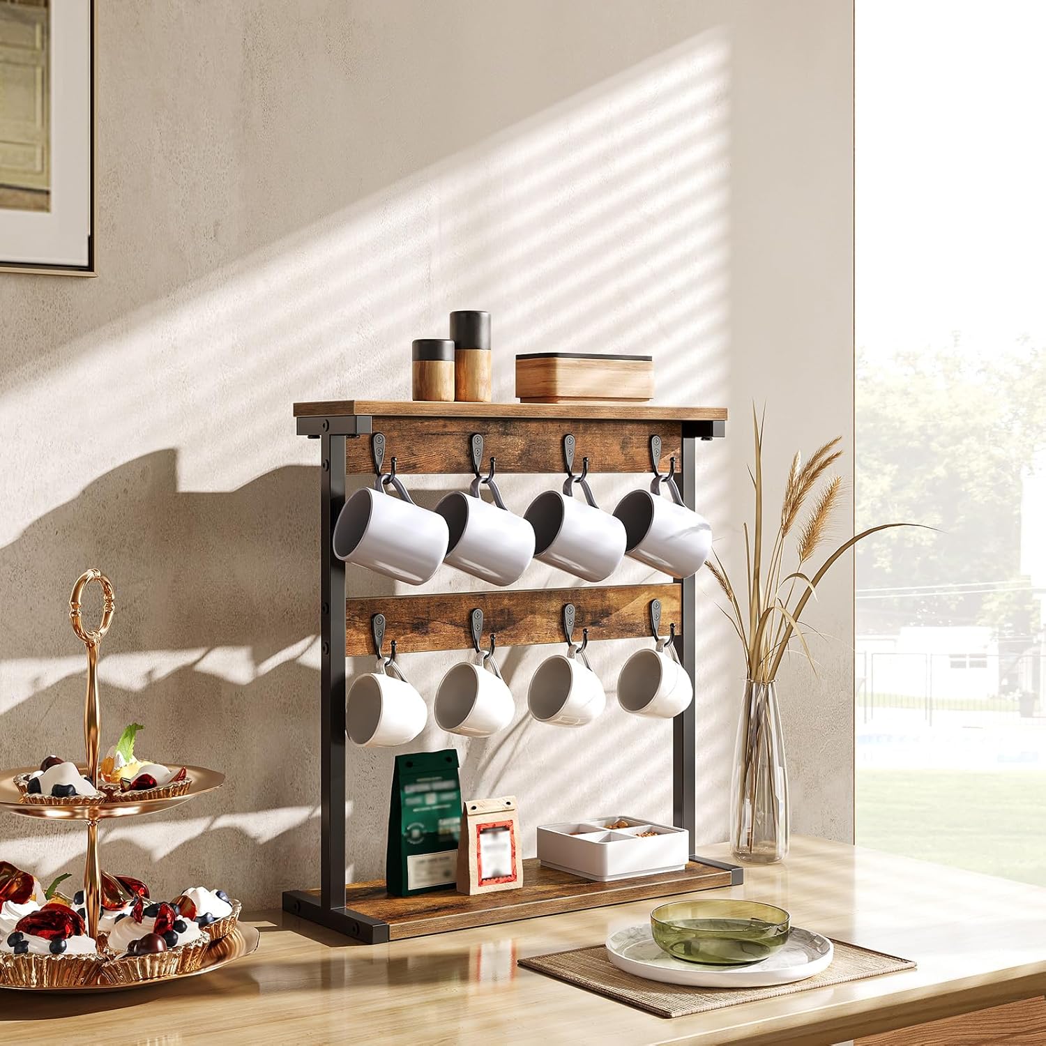 YATINEY Coffee Mug Holder for Counter, 2 Tier Mug Tree Rack, with 8 Hook and 2 Open Shelves, Vintage Mug Holder Stand for Home Kitchen, Rustic Brown MH43BR