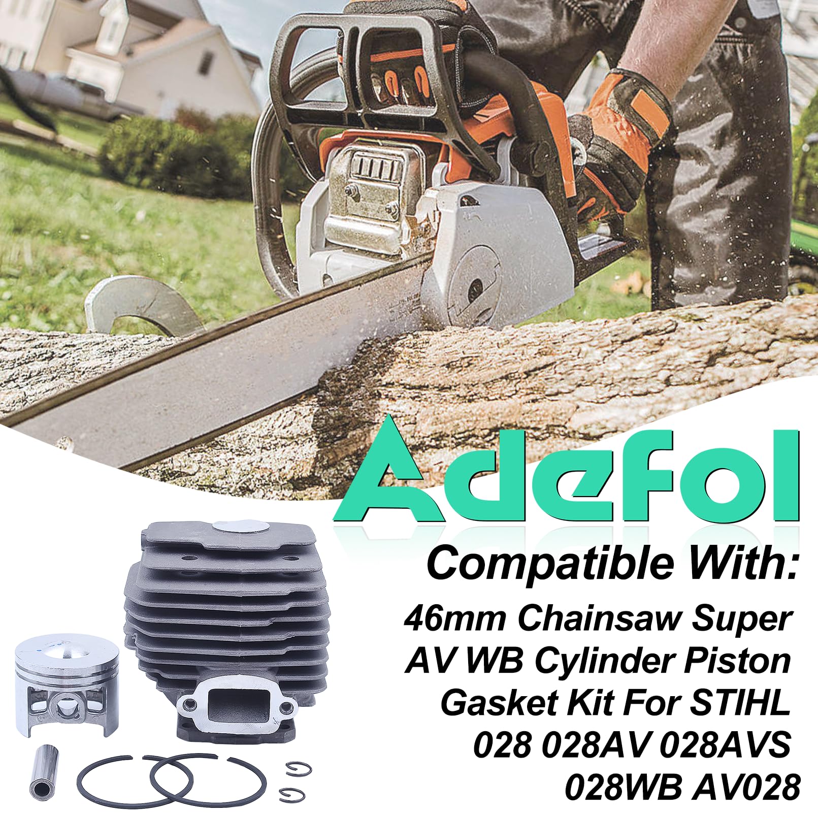 Pistón y Cilindro para STIHL 028 028AV 028WB Motosierra, ADEFOL 46mm Cilindro + Piston + Junta + Bujía + Cojinete Piezas de Repuesto Accesorio 028 AV WB Kit Cilindro 14 en 1