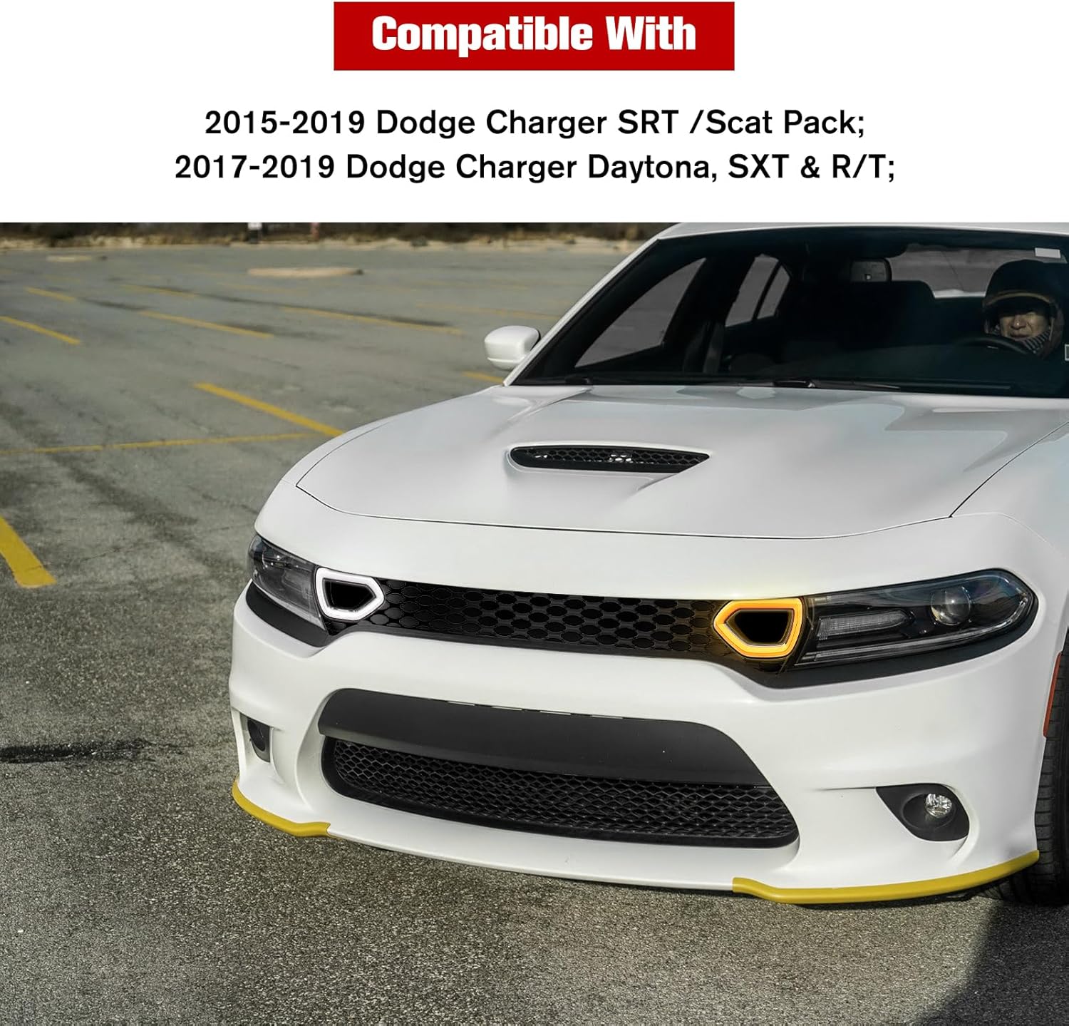 LED Grille Lights for 2015-2019 Dodge Charger SRT/Scat Pack, 2017-2019 Dodge Charger Daytona, SXT & R/T, White DRL & Yellow Turn Signal Light, 2PCS, Driver & Passenger Side