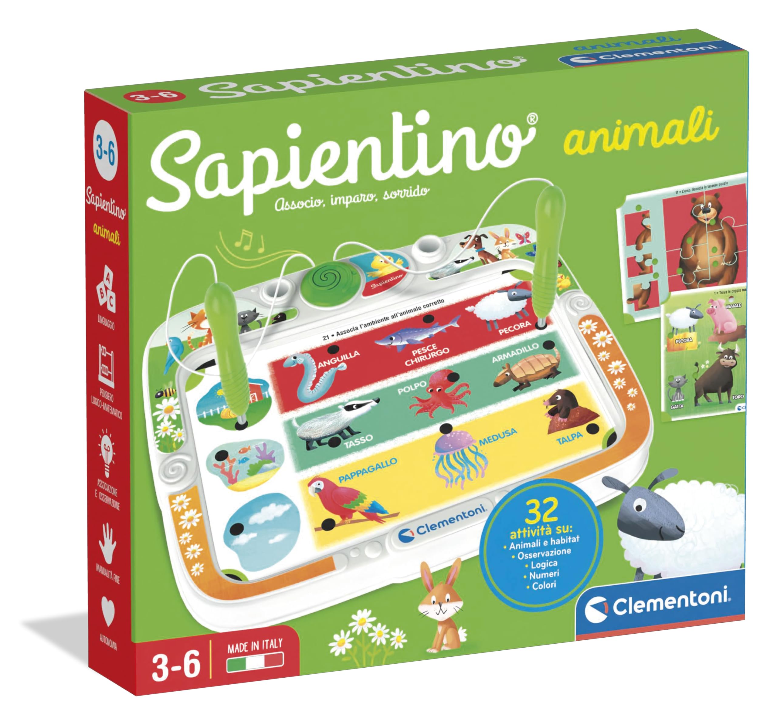 Clementoni Sapientino - Animali, Gioco Educativo con Penne Parlanti Bambini 3-6 Anni, con 16 Schede e più di 32 attività per Scoprire Il Mondo Animale, Made in Italy, Lingua Italiana, 16474
