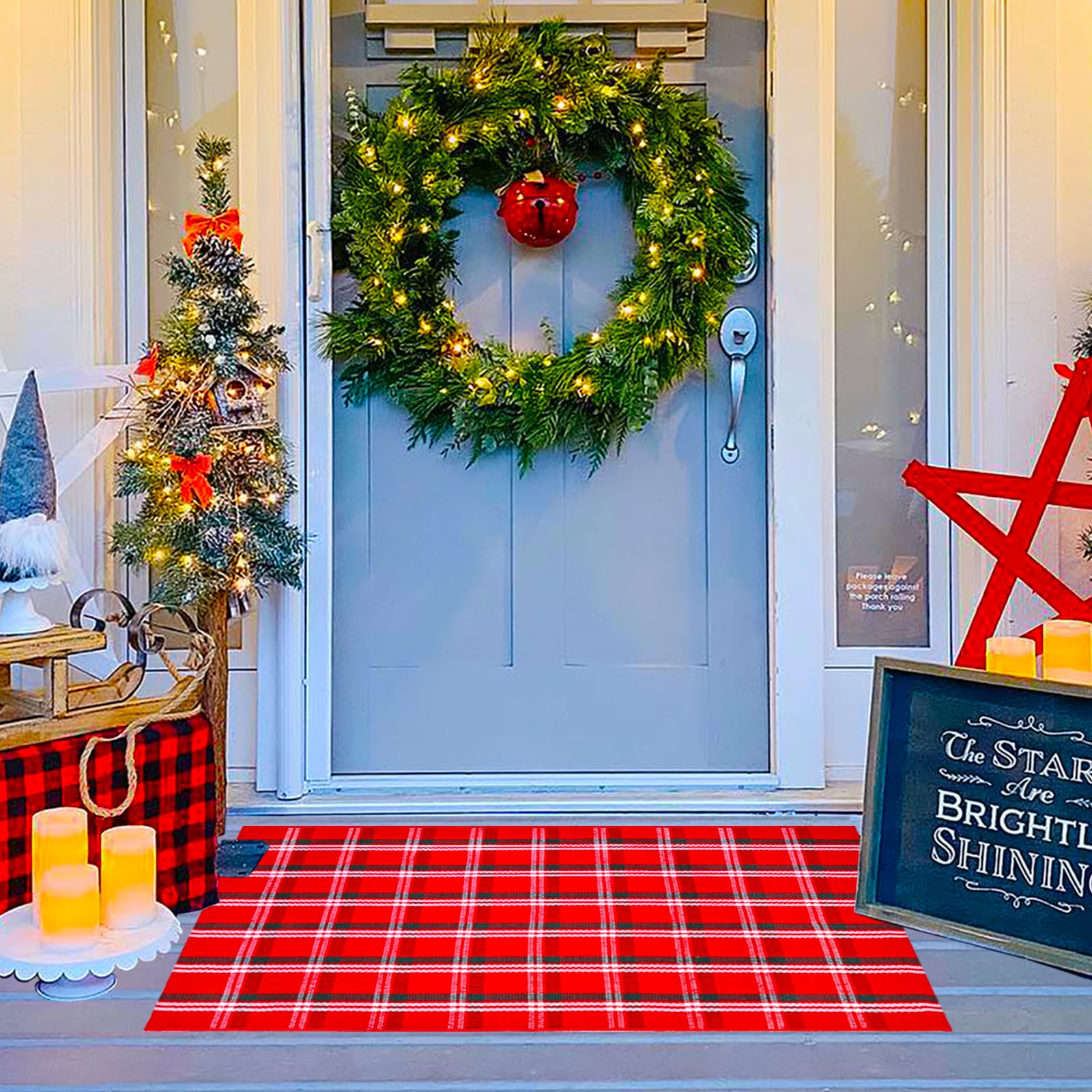 Ckorzen Red Green and White Plaid Rug, 28" x 43" Christmas Front Porch Outdoor Rug, Handwoven Cotton Washable Rug for Layered Door Mats, Holiday