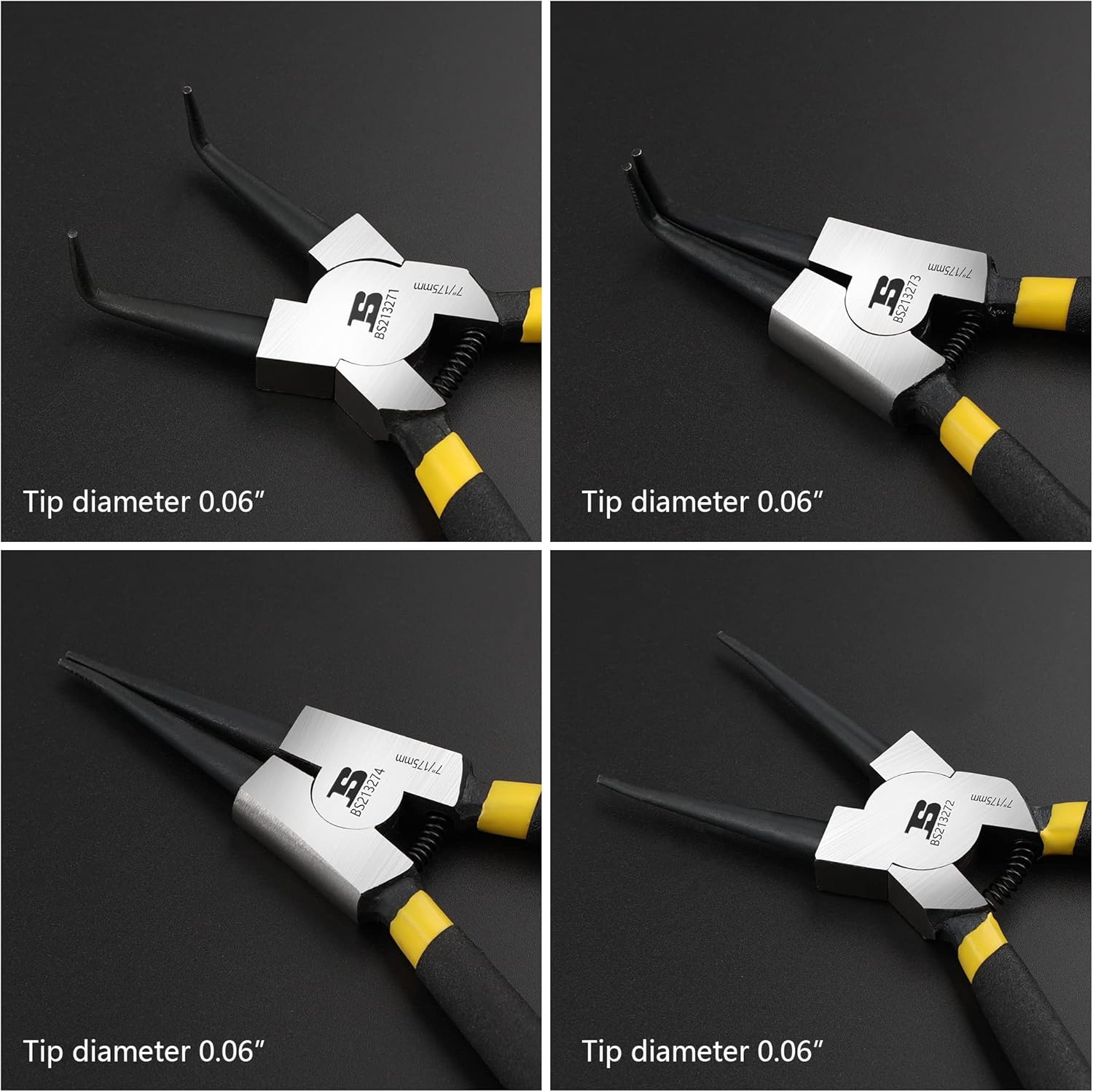 4-piece Snap Ring Pliers Set Heavy Duty 7 Inch Internal/External Circlip Pliers Kit Cr-V Steel Straight/Bent Jaw Pliers C-clip Pliers, 5/64" Tip, for Ring Remover Retaining with Pouch