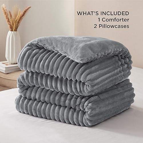 Miniatura 6 de Bedsure Juego de edredón esponjoso tamaño King, edredón de piel sintética súper suave, tamaño King, color gris, juego de ropa de cama de forro polar