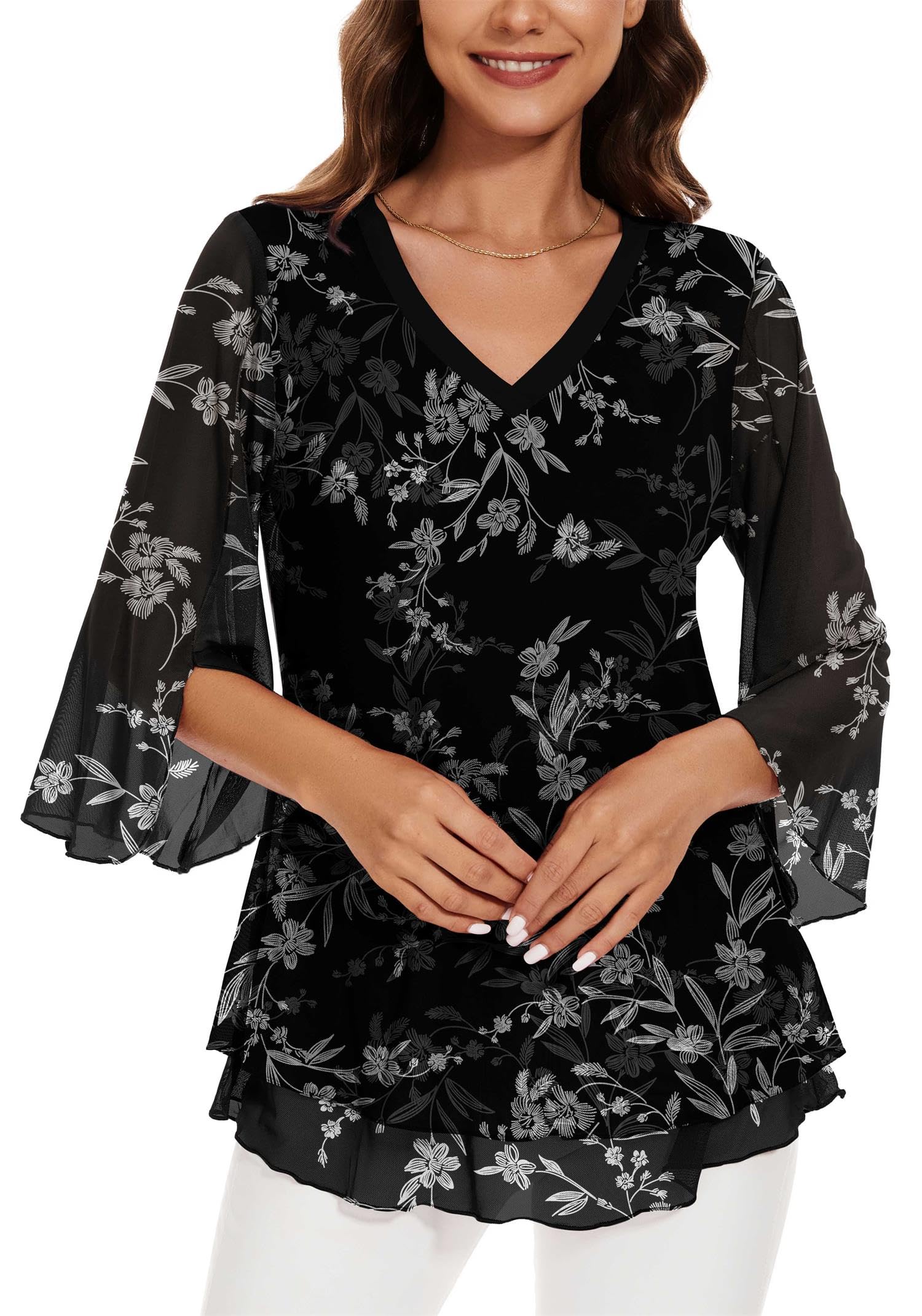 Actcat Damen Bluse Elegant 3/4 arm V-Ausschnitt Mesh Festliche Oberteil Blumen Doppellagige Tunika