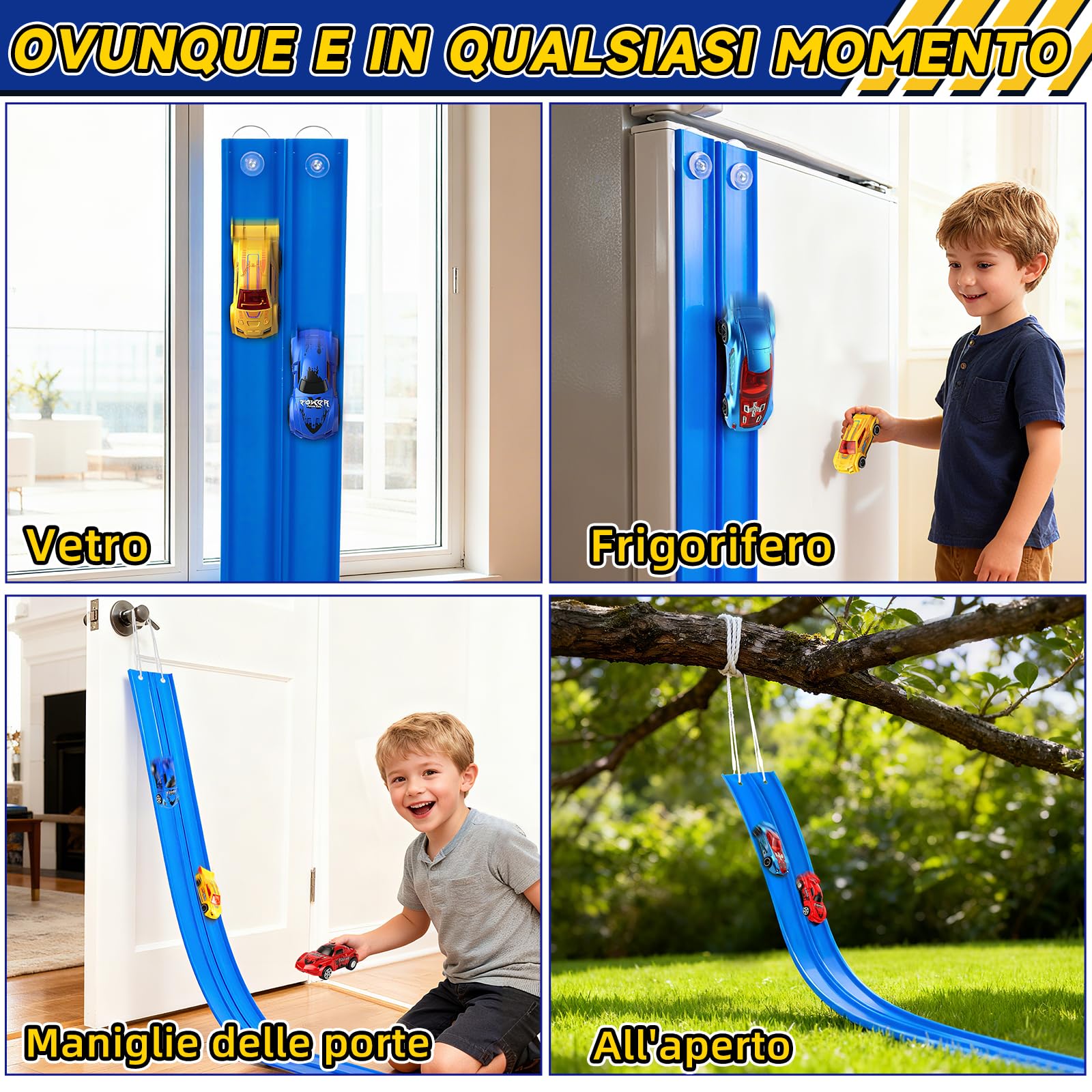 Charmofun Pista Macchinine Flessibile 5M, Giocattolo Piste da Corsa con 4 Auto, Borsa con 4 auto, 2 lanciatori, 8 rampe triangolari e 8 ventose, Portatile Pista per Bambini 3+ Anni (Blu)