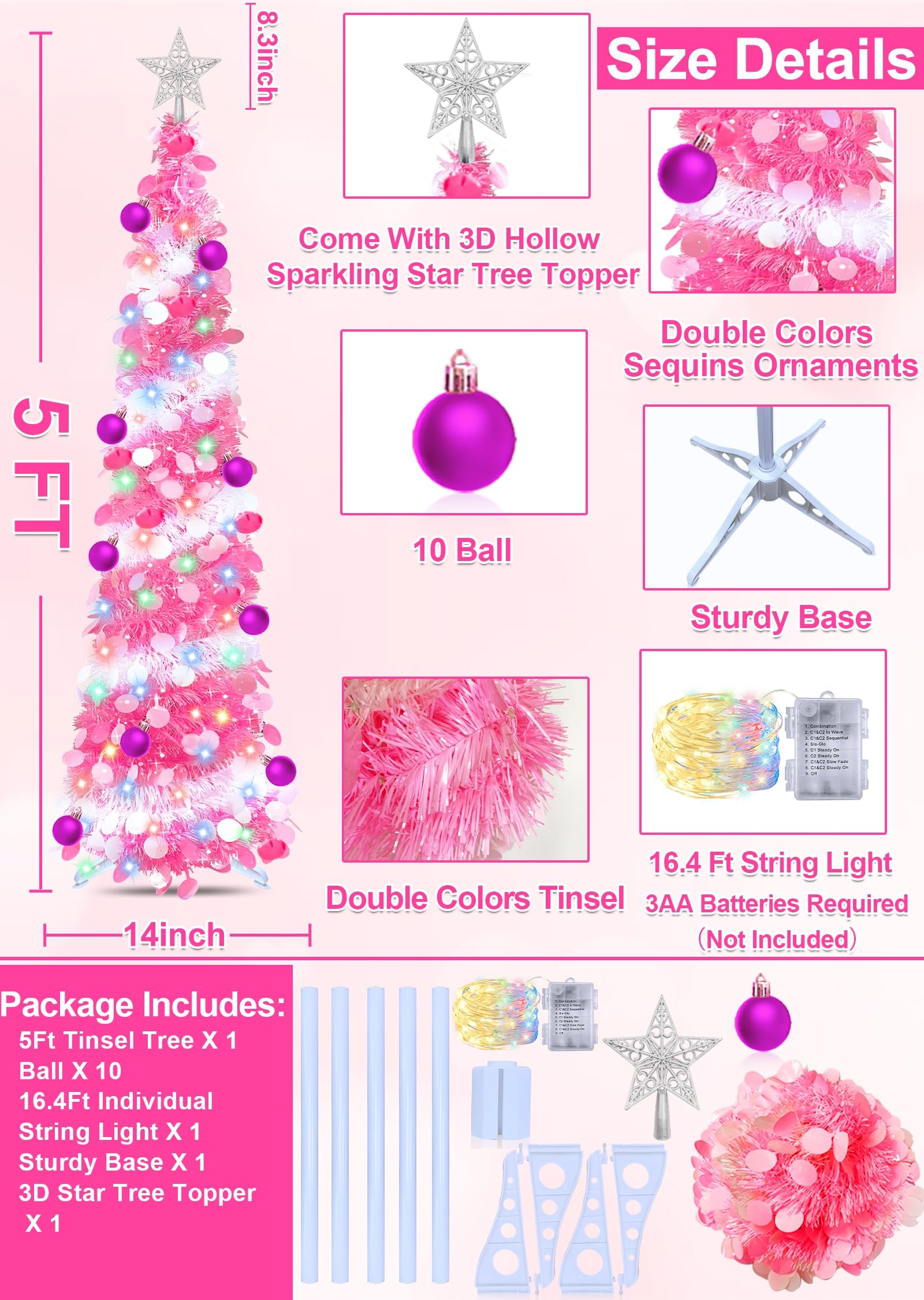 Valentines Day Decorations 5Ft Pink Valentines Christmas Tree with Balls 3D Star Sequins,Tinsel Valentines Tree 50 Warm White&Color Light Timer 8 Mode Pencil Collapsible Tree Home Valentines Day Decor
