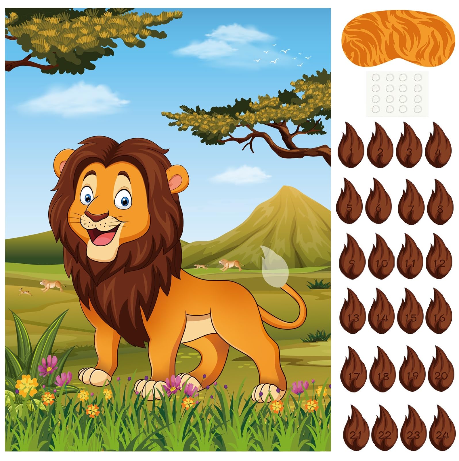 PLULON Pin The Tail on The Lion Party Game Kids Lion Games Poster with Tail Stickers for for Lion Party Favors Boys Birthday Party Supplies Party