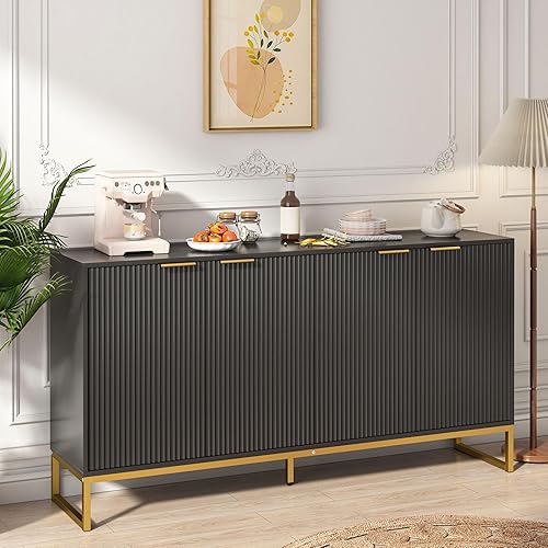 Miniatura 4 de Fiogmub Armario de acento estriado, armario de cocina con 4 puertas acanaladas, armario de almacenamiento moderno con estantes ajustables para sala