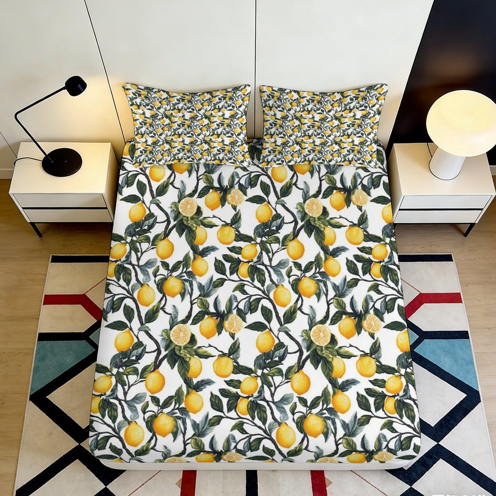 3D Printed Lemon Botanical Fitted Sheet Microfiber Soft Breathable Citrus Fruit Bed Cover for Bedroom Guest Room Decor 90x200x25cm