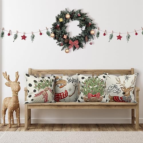 Miniatura 2 de Juego de 4 fundas de almohada decorativas para decoración de Navidad, decoración del hogar para sofá (árbol de Navidad, muñeco de nieve, guantes de