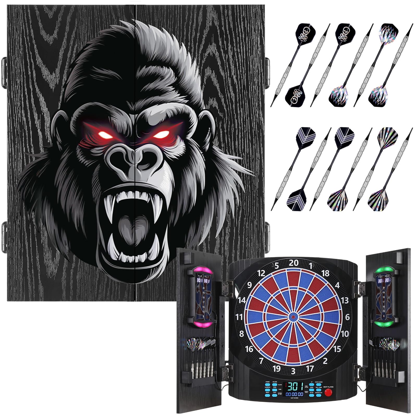 Jeu de Flechette Electronique, [12*Bronze Fléchettes] Cible Flechette Electronique, Armoire à Portes en Bois Rustique, Affichage LED 8 Couleurs, Jeux Flechette