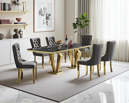 Miniatura 103 de Juego de mesa de comedor de mármol sintético, 7 piezas, juego de mesa de cocina y comedor para 6, mesa de comedor rectangular blanca de 70 pulgadas